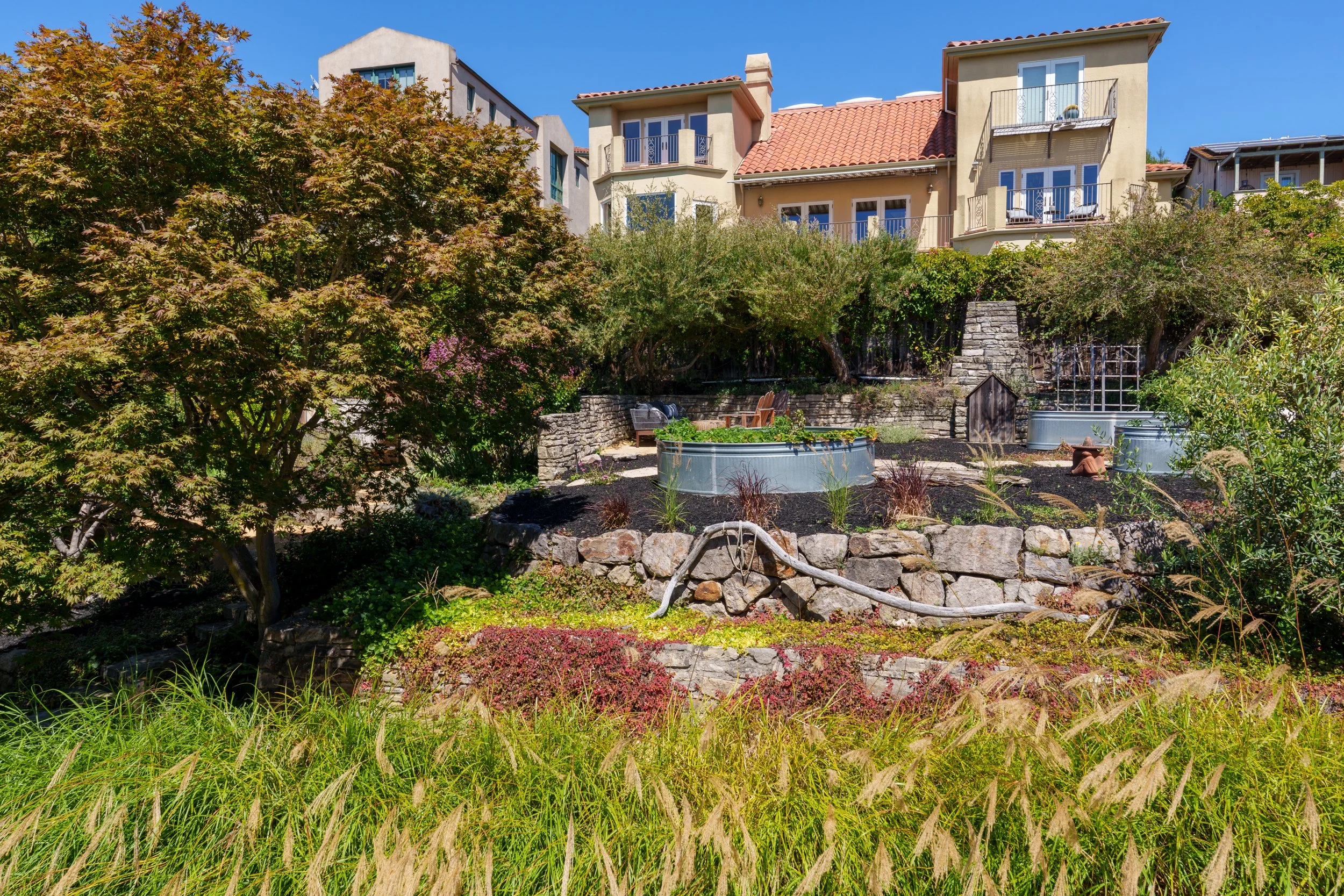 A landscaped backyard garden with trees, shrubs, flowering plants, and garden beds, with houses and a clear blue sky in the background.