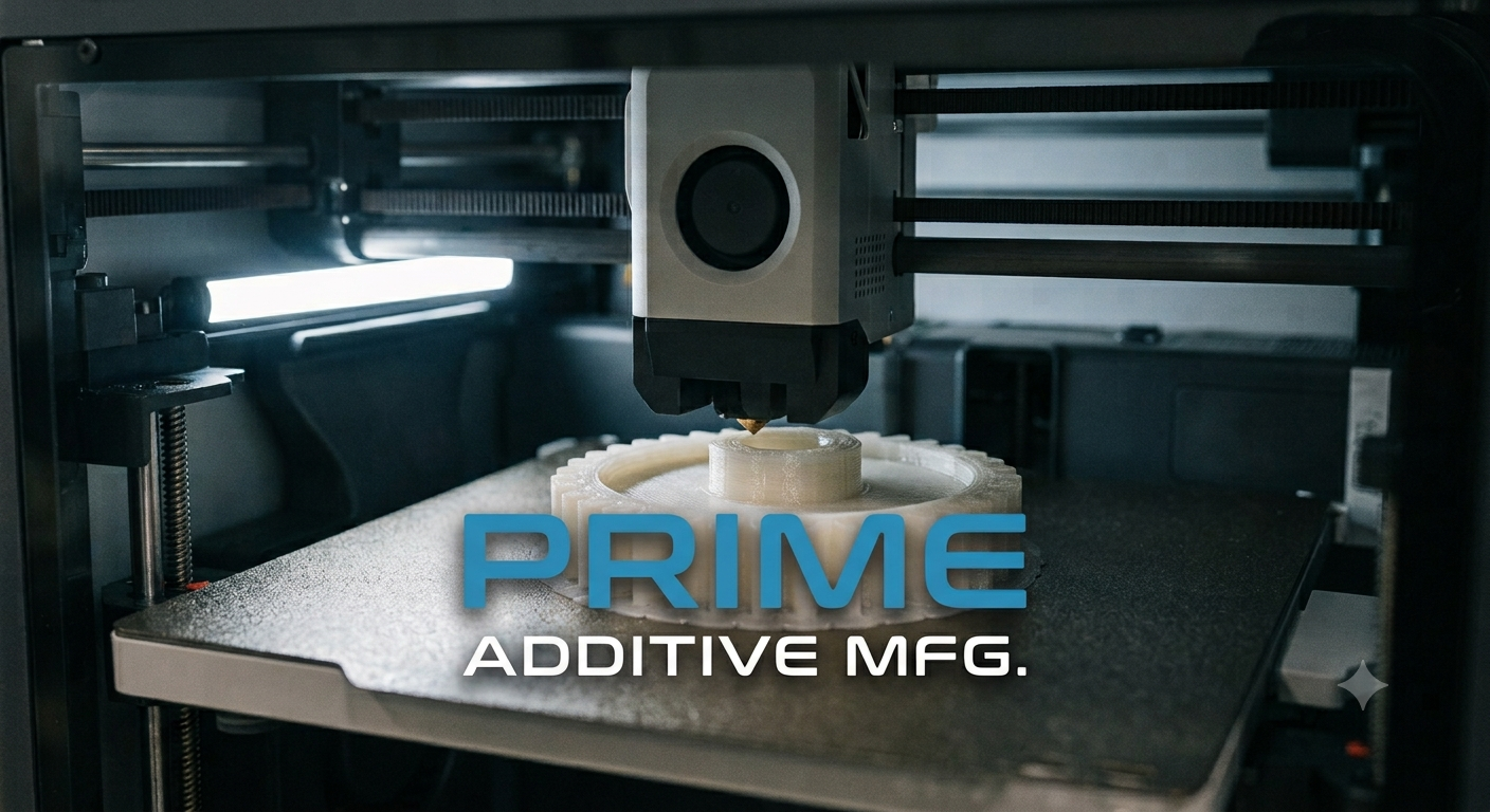 3D printer in action creating a circular object with PRIME ADDITIVE MFG. logo on the print