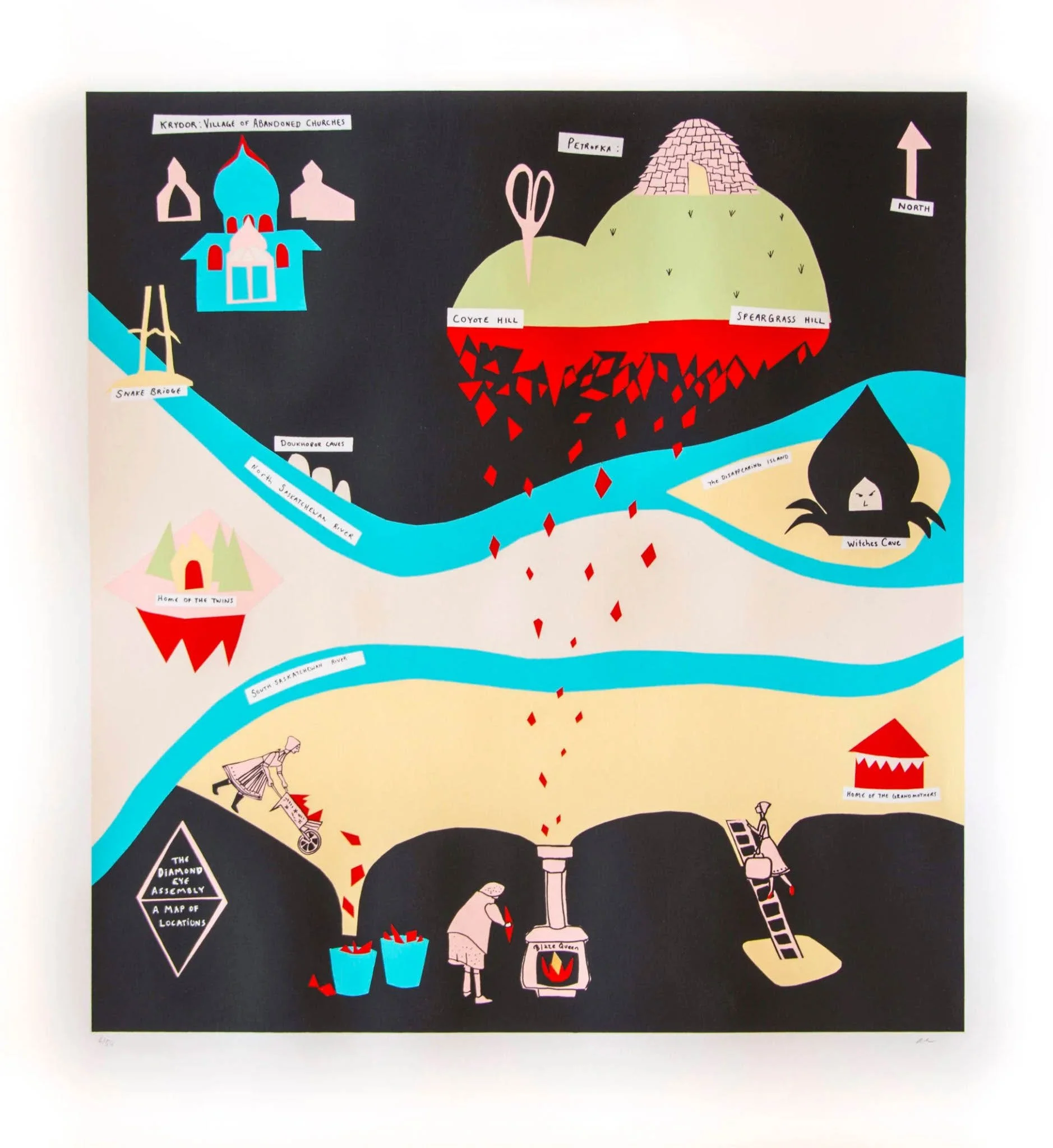 Amalie Atkins, 'A Map of Locations' from 'Diamond Eye Assembly: A Cinematic Film Installation,' 2019. eight-colour screen print on Stonehenge paper, 53.3 x 48.3 cm, edition of 50. Printed by Michael Peterson, Void Gallery. Copyright of the artist.