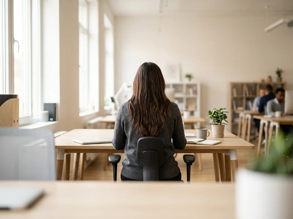 A woman with long brown hair sitting alone at a wooden desk in a bright, modern office, facing away from the camera. The desk has a white mug, some notebooks, and a potted plant. Other people are working at desks in the background.