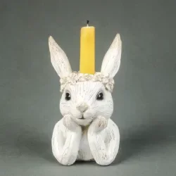 Whimsical Bunny Candle Holder holding chin