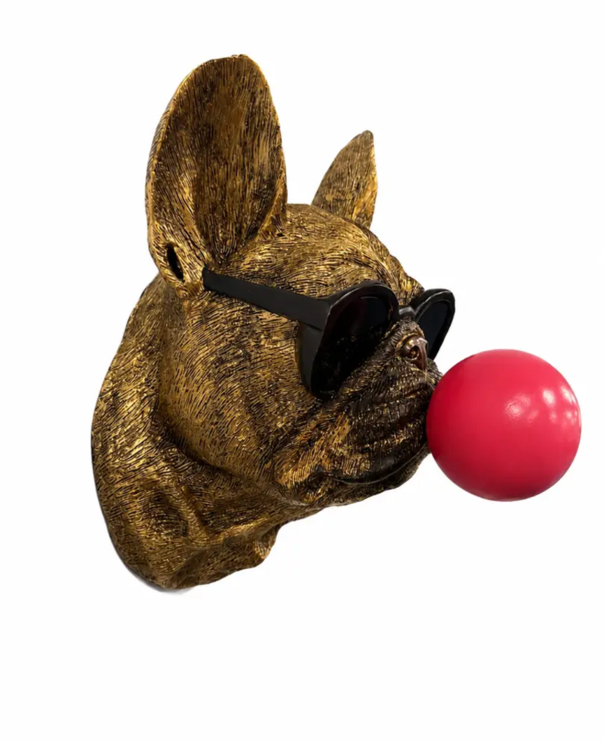 Gold French Bulldog Head blowing bubble gum wall ornament
