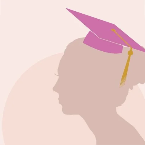 Silhouette of a woman wearing a pink graduation cap with a yellow tassel.