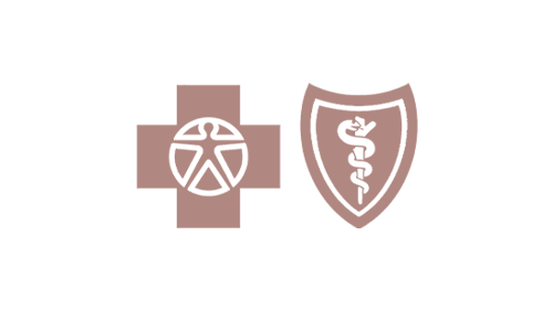 Medical cross with a peace symbol inside and a shield with a dollar sign
