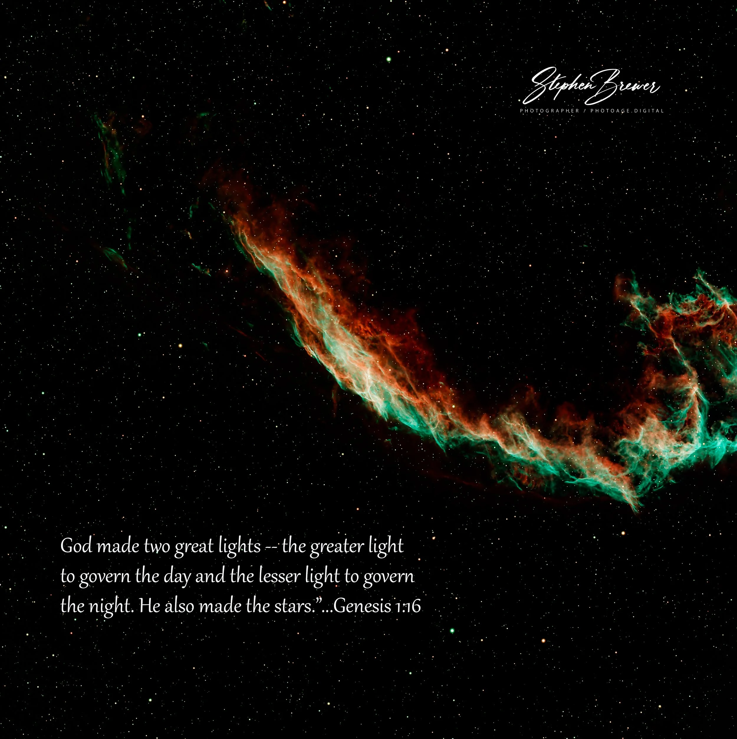 A star-filled night sky with colorful nebulae and a quote from Genesis 1:16 about God's creation of light and stars.
