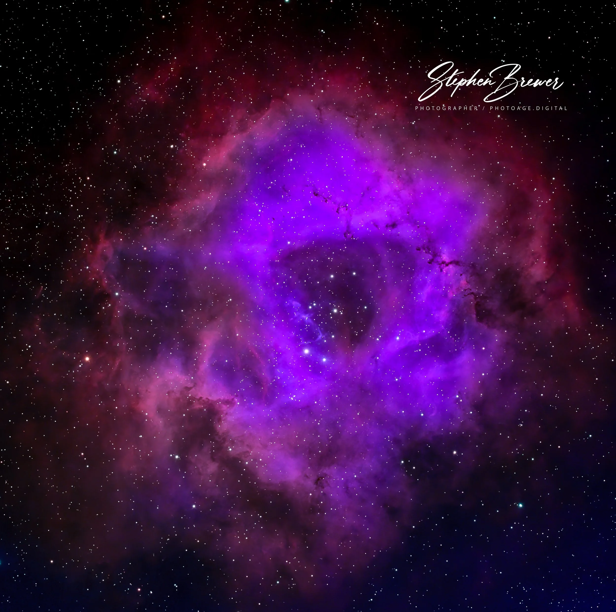 A vibrant image of outer space featuring a colorful nebula with purples, pinks, and blues, and numerous stars scattered across the scene. Text overlays include the name 'Stephen Brewer' and the description 'Photographer / PhotoAge Digital'.