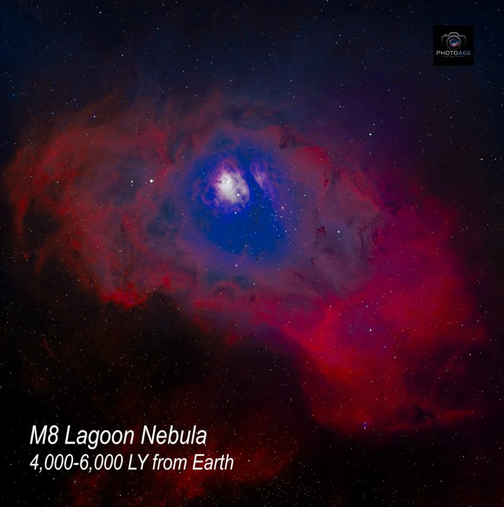 A detailed image of the M8 Lagoon Nebula showing colorful gas clouds of red, blue, and purple, with stars scattered around. Text on the image indicates it is the M8 Lagoon Nebula, located 4,000-6,000 light years from Earth.