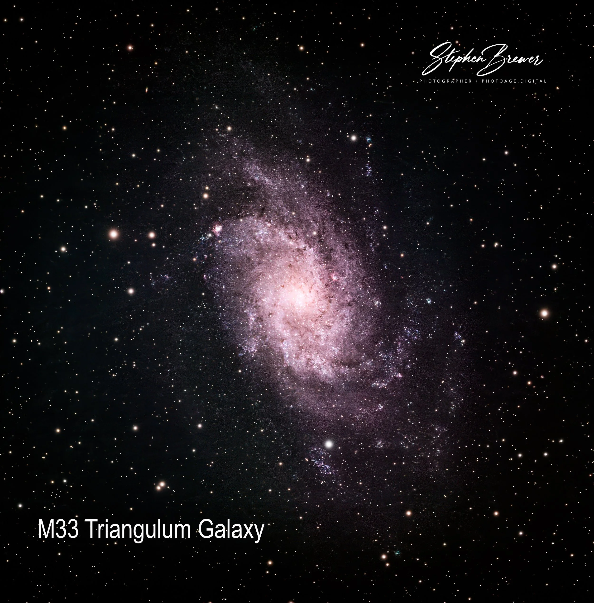 Image of a star-filled galaxy with text overlay reading 'Stephen Brewer' and 'Photographer / Photoage.digital'. Additional text indicates this is the 'M33 Triangulum Galaxy'.