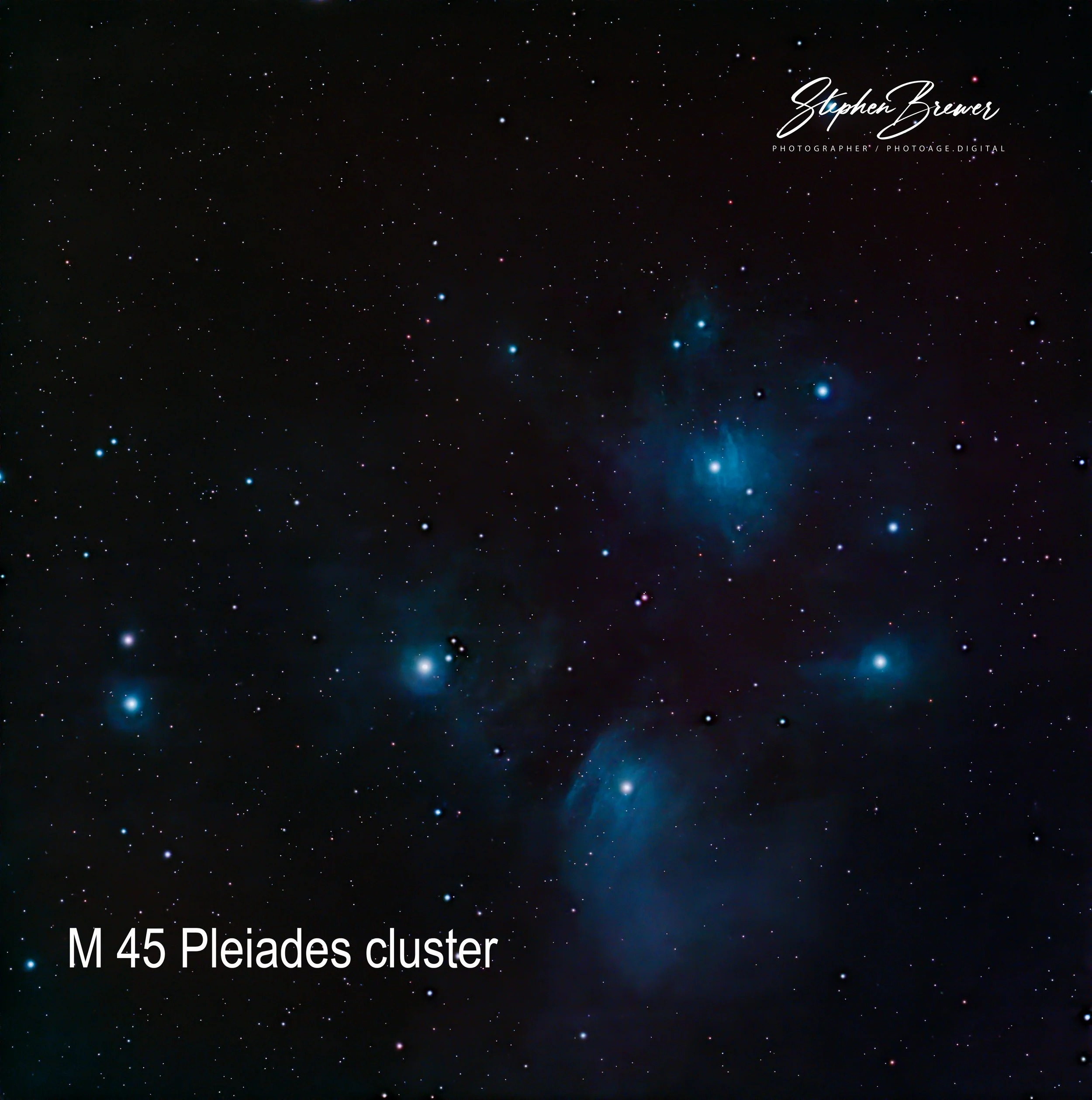 A starry night sky with numerous stars and celestial objects, including the Orion Nebula, with text indicating it is the M 45 Pleiades cluster.