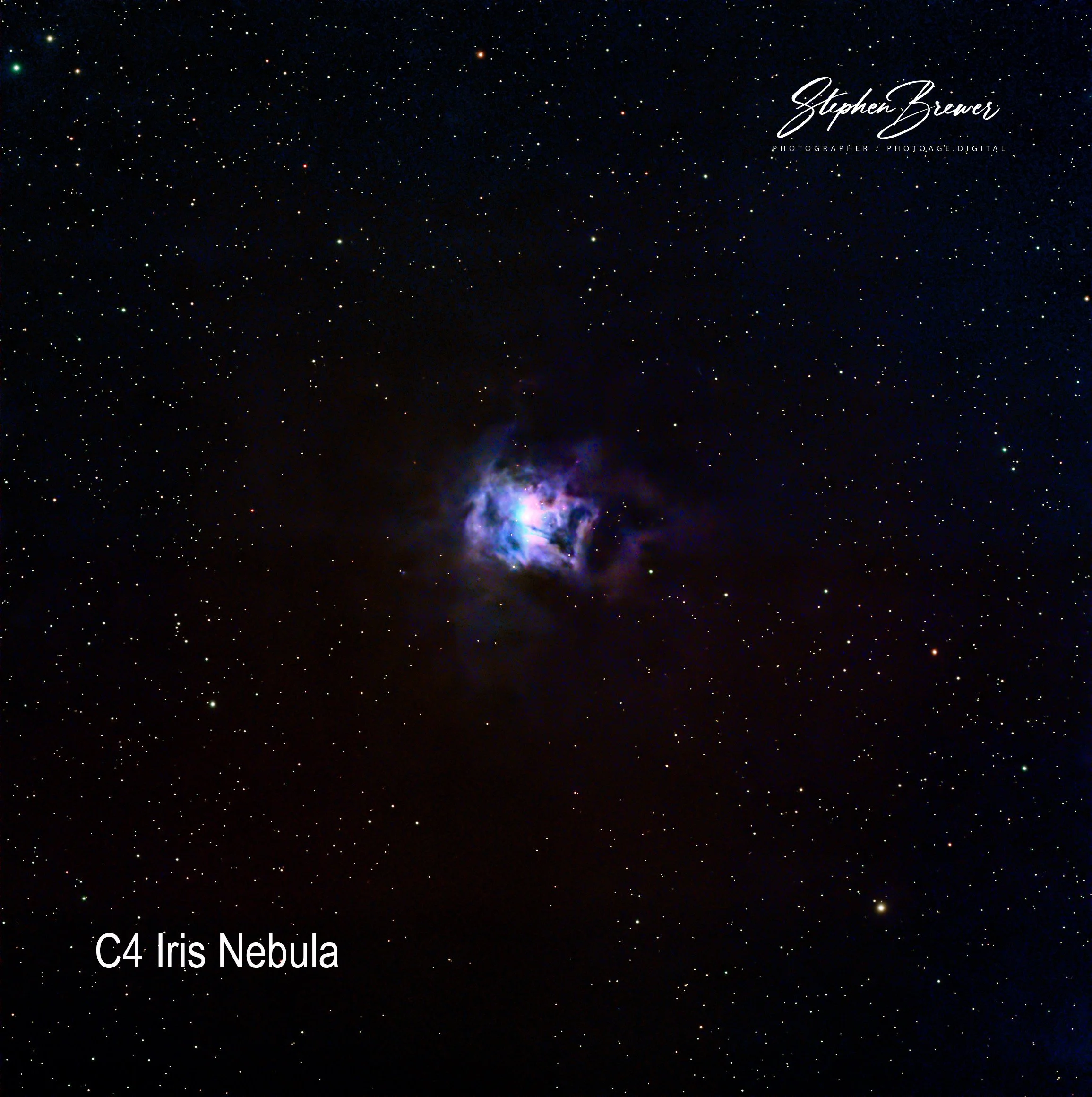 Photograph of a star-filled night sky with many stars and a nebula at the bottom. Text overlay includes 'Stephen Brewer', 'Photographer / Photo.AE.Digital', and 'C4 Iris Nebula'.