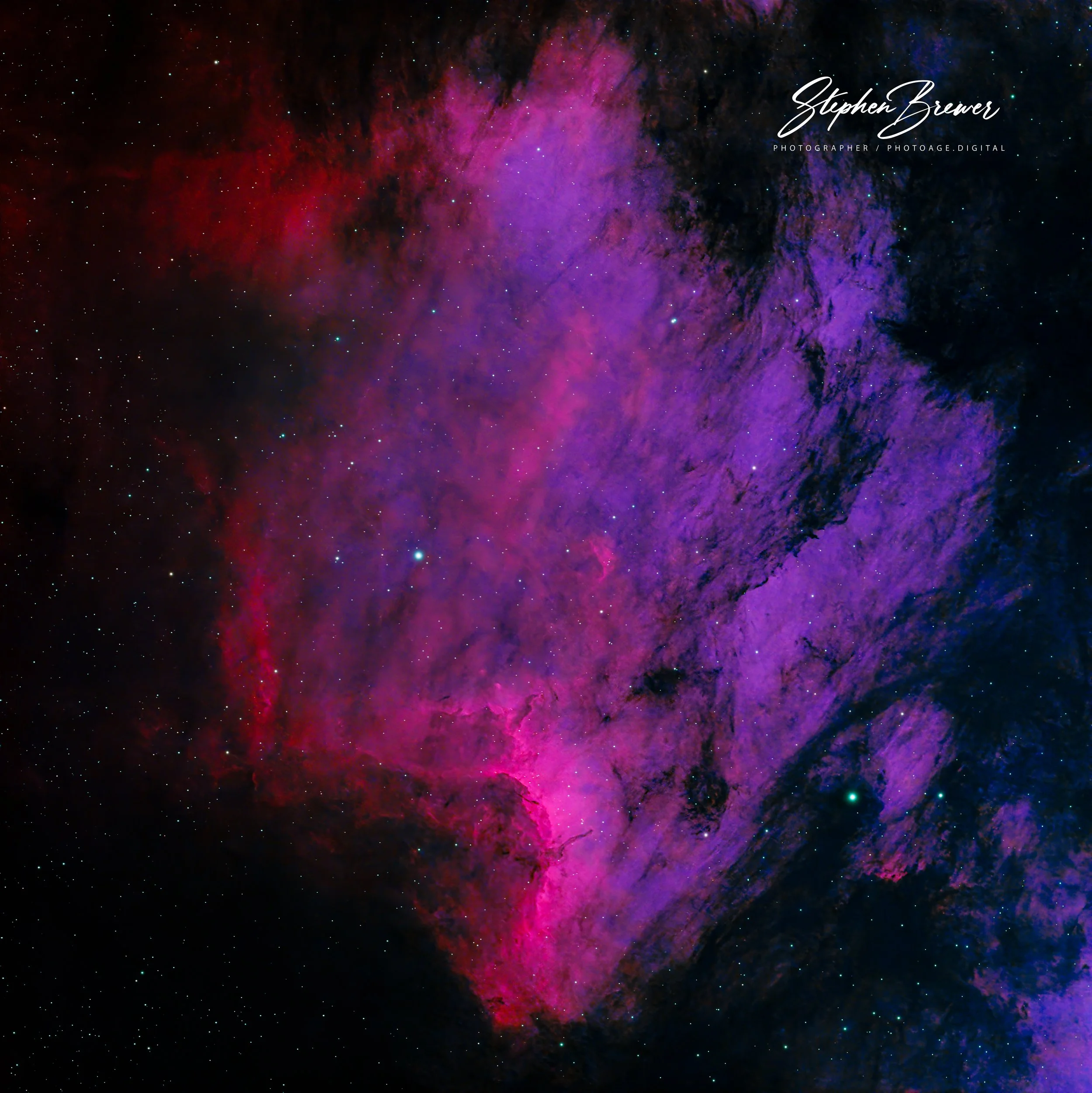 A vibrant colorful image of outer space with swirling clouds of pink, purple, and black nebulae, and numerous small white stars scattered throughout.