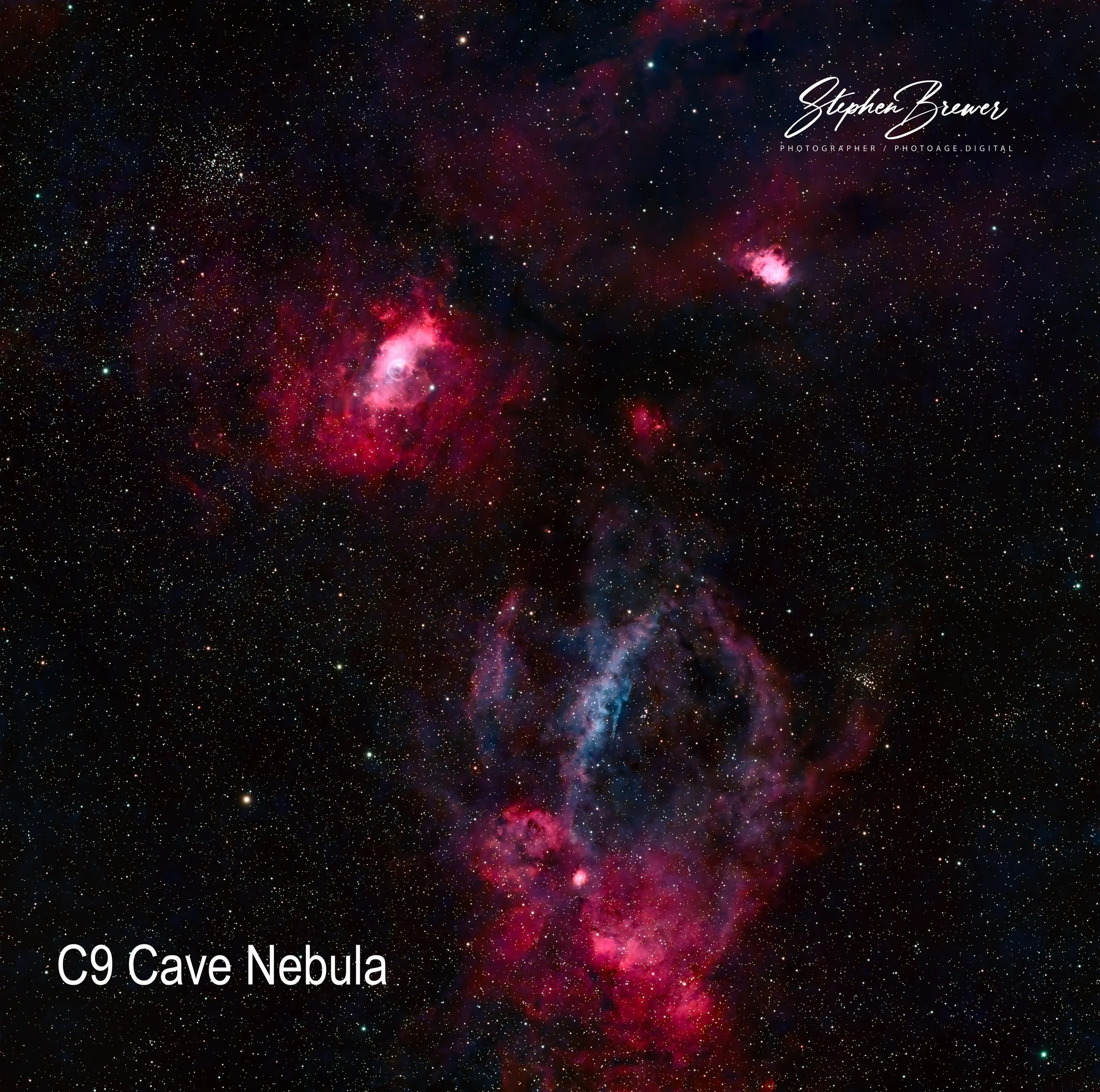 Deep space image showing a vibrant nebula with bright pink and red hues, numerous stars scattered across the dark background, and the text 'C9 Cave Nebula' in the lower left corner, along with a signature 'Stephen Brewer' and his profession 'Photogra