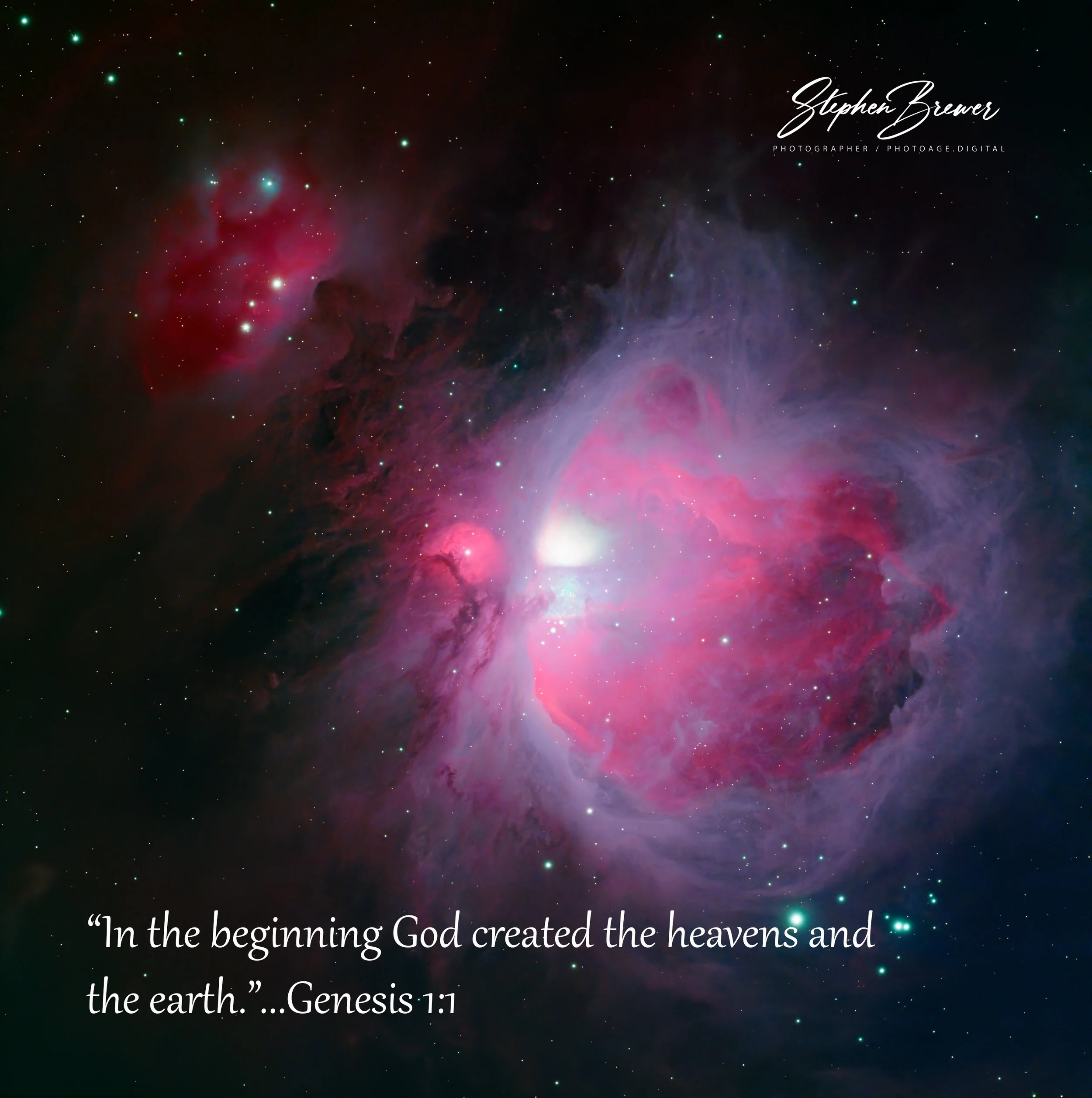 A depiction of a star-filled space scene with nebulae in pink and purple hues, overlaid with a quote from Genesis 1:1 about God's creation of the heavens and the earth.