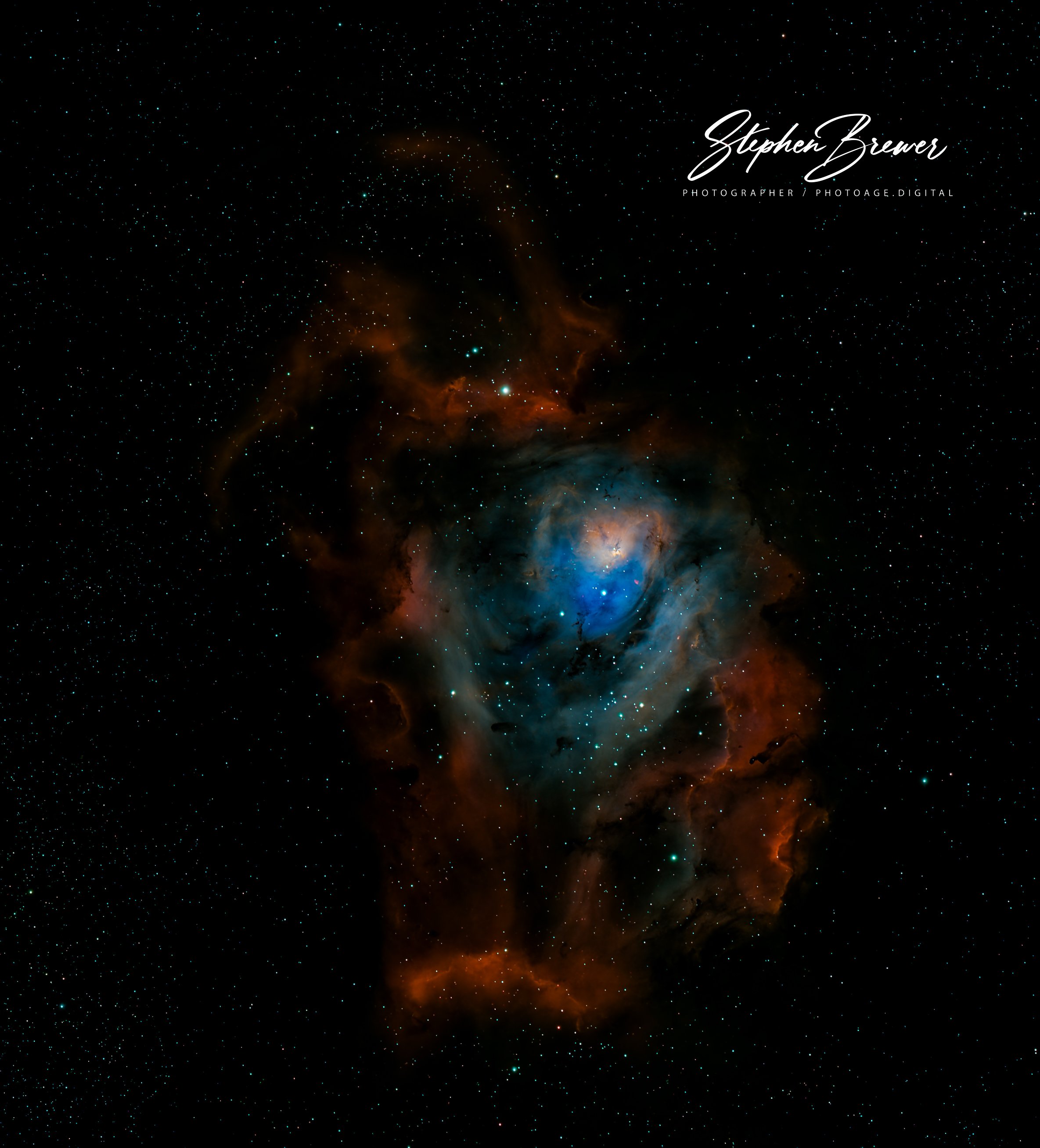 A view of a star-filled space scene with colorful nebulae and numerous stars, with a white elegant text overlay that says 'Stephen Brewer, photographer, photoage.digital'.