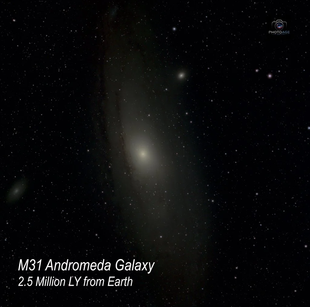 Image of the M31 Andromeda Galaxy with a distance of 2.5 million light years from Earth, showing a bright central core and surrounding spiral arms with numerous stars and cosmic dust.