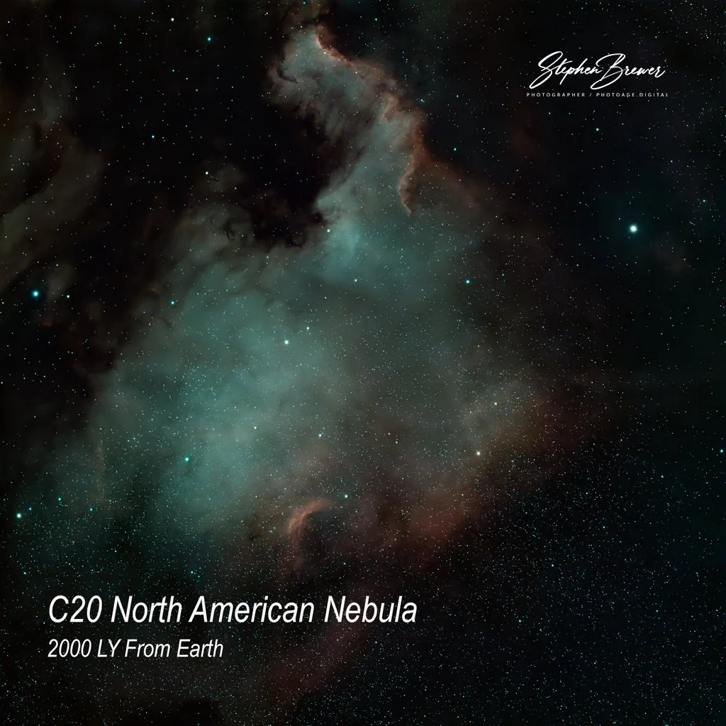 A detailed view of the North American Nebula with countless stars and cosmic dust, taken 2000 light years from Earth.