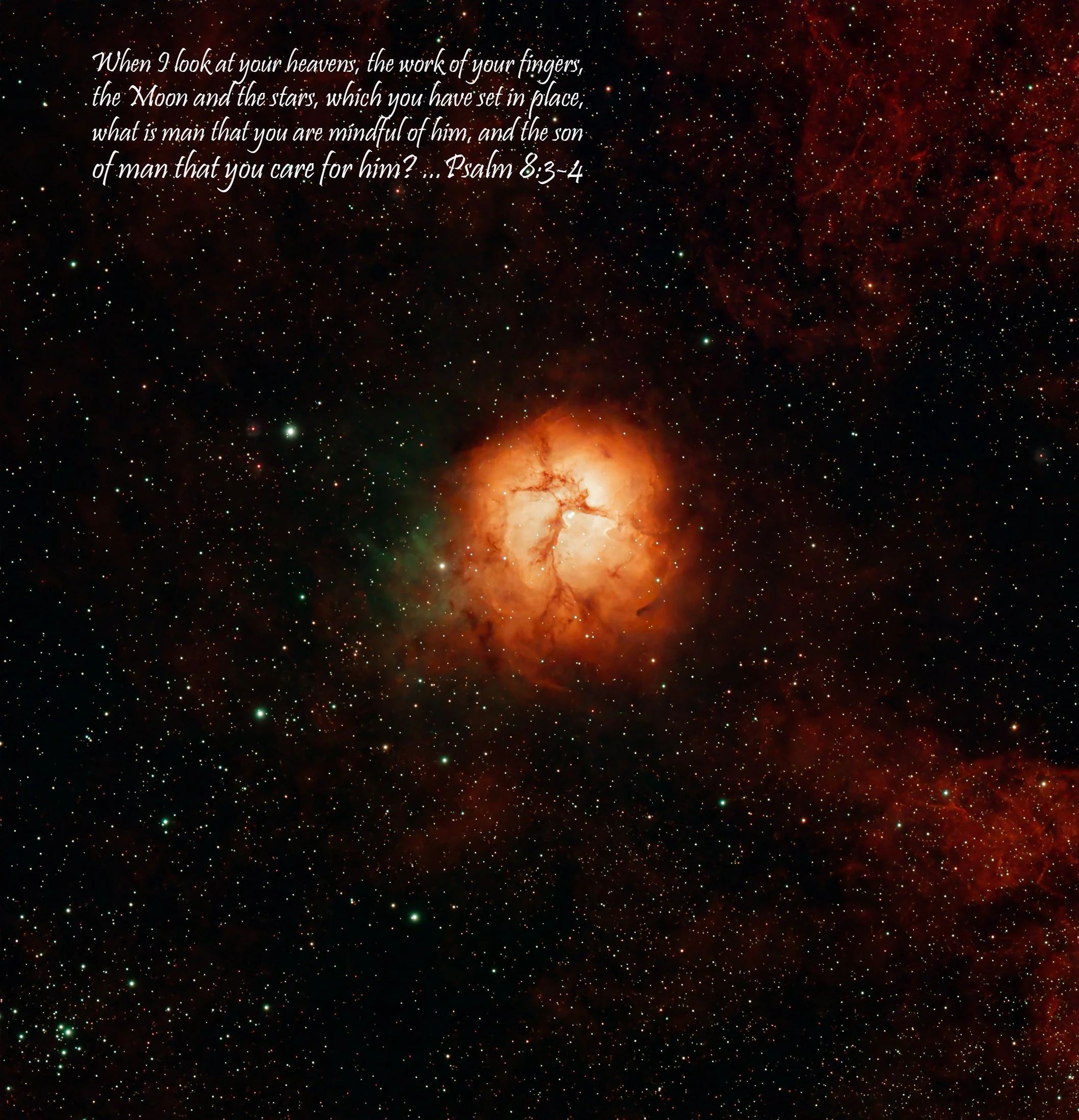 A view of outer space with countless stars and a bright nebula. Overlaid is a quote from Psalm 8:3-4 about the universe, stars, and mankind.