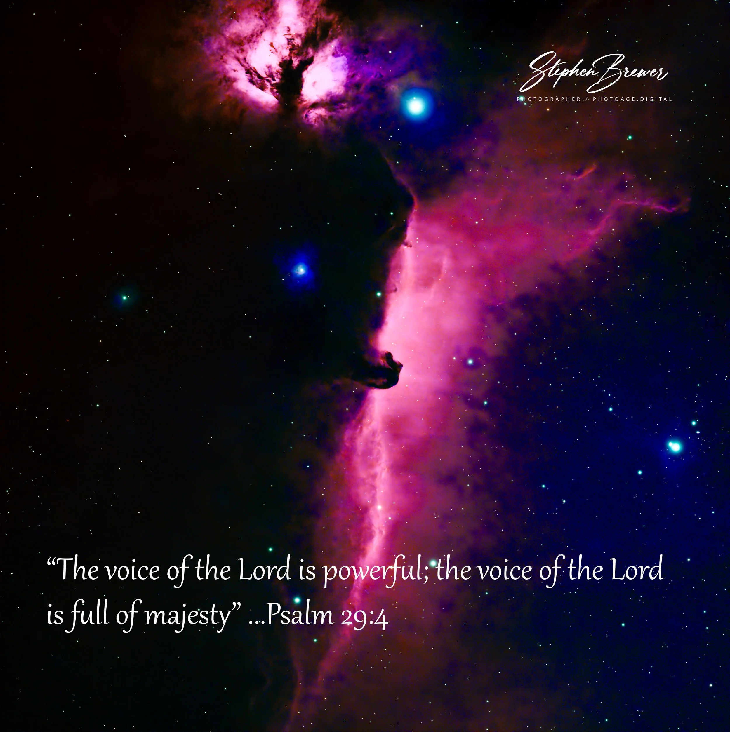 A vibrant image of a colorful nebula in outer space with stars scattered throughout. Overlaid with a biblical quote from Psalm 29:4 in white font.