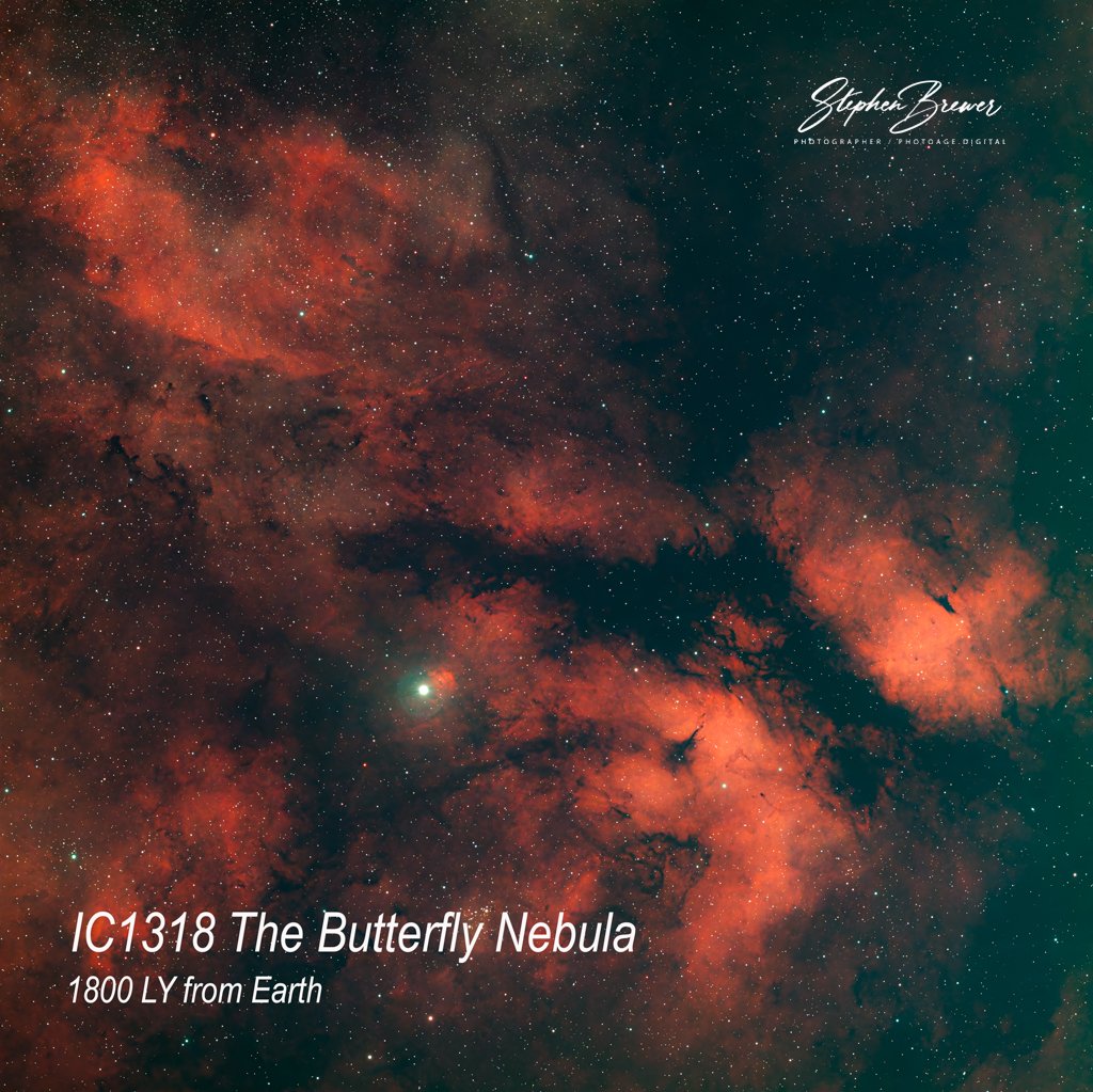 An image of the Butterfly Nebula (IC 1318) with a starry backdrop, showing fiery red and orange nebula clouds and numerous stars, with text indicating it's 1800 light years from Earth.