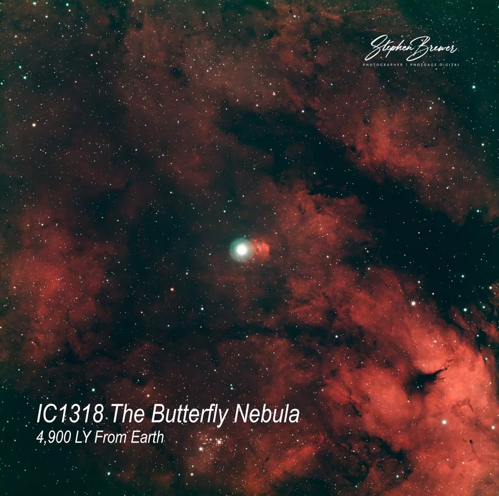 A space photo of the Butterfly Nebula (IC 1318) with stars and red nebula clouds, text overlay with photographer's name, and information about the nebula's distance from Earth.