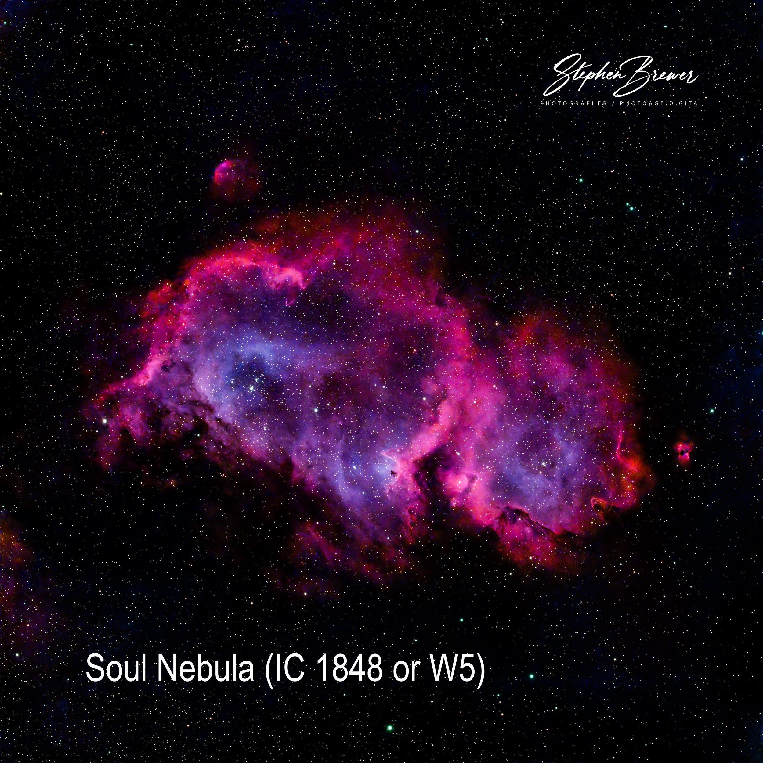 Image of the Soul Nebula (IC 1848 or W5) with a star-filled background of outer space.