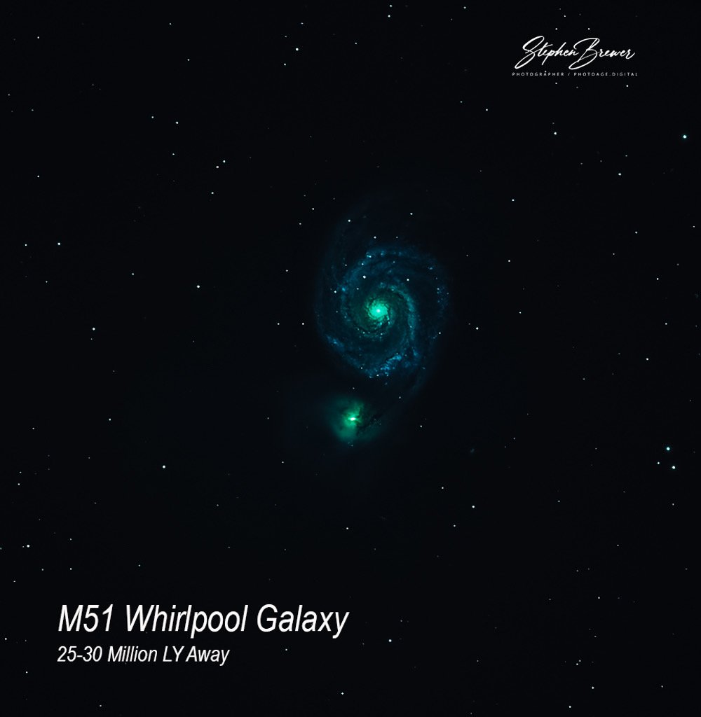 Image of the Whirlpool Galaxy (M51) showing a spiral galaxy with swirling arms, with a smaller galaxy nearby, against a starry background. Text indicates it is the M51 Whirlpool Galaxy, 25-30 million light-years away. The top right corner contains a 