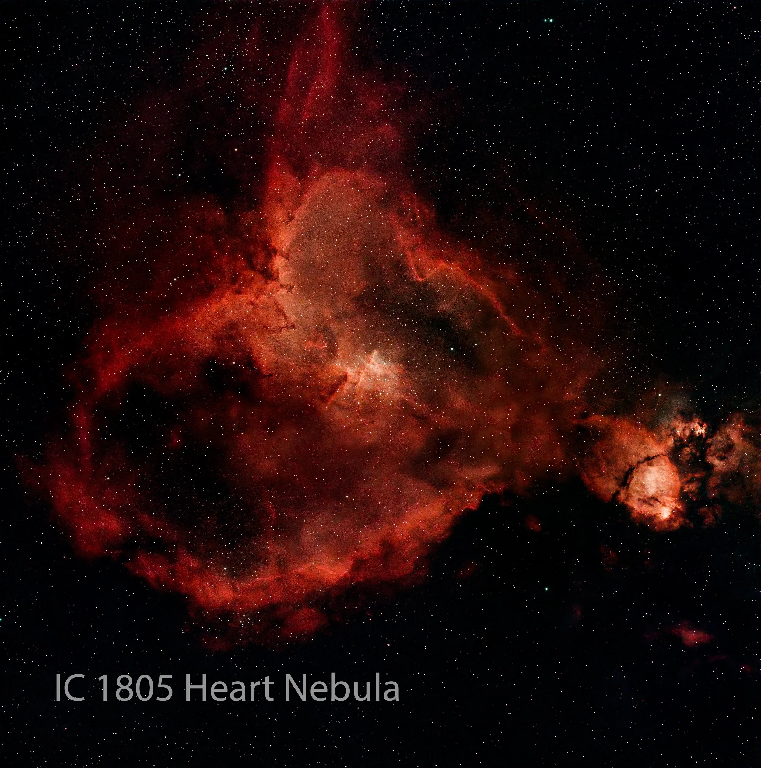 Photograph of the IC 1805 Heart Nebula, showing a bright red and orange nebula with a dense star field surrounding it.
