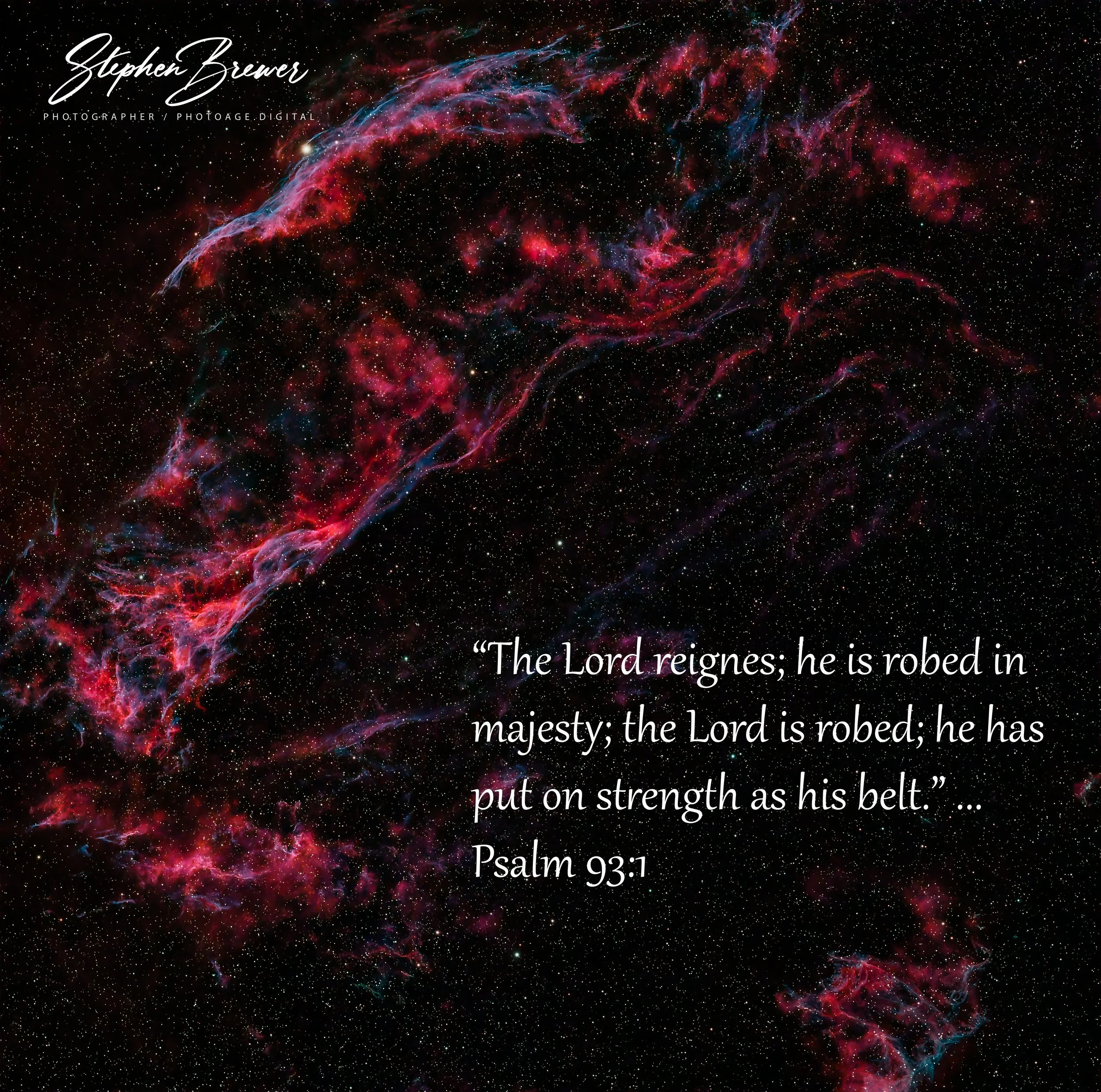 A vibrant image of a colorful nebula in space with stars scattered across the background, accompanied by a quote from Psalm 93:1 overlaid.