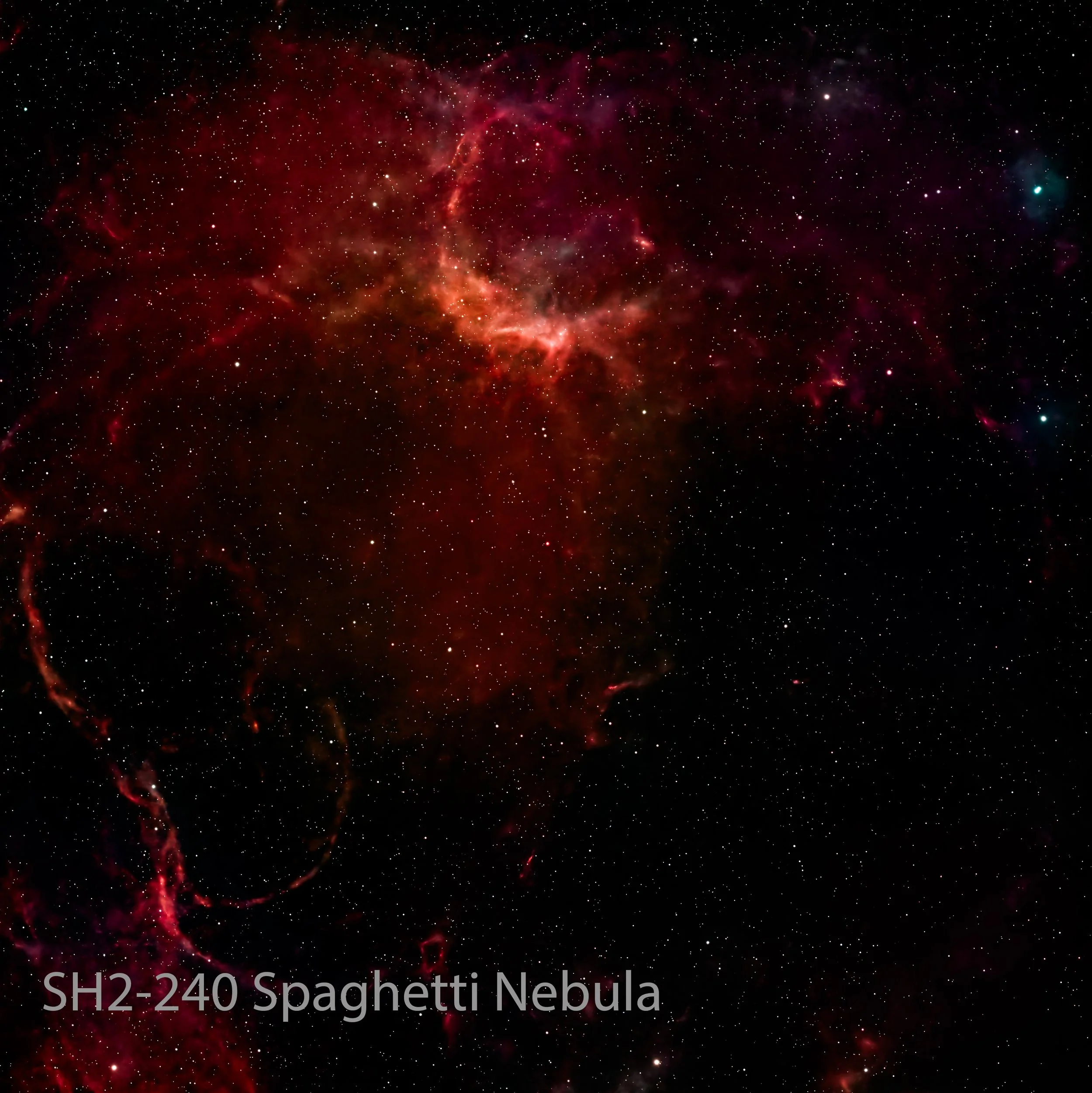 Deep space image of the SH2-240 Spaghetti Nebula, showing colorful nebula gas and numerous stars with a red hue.