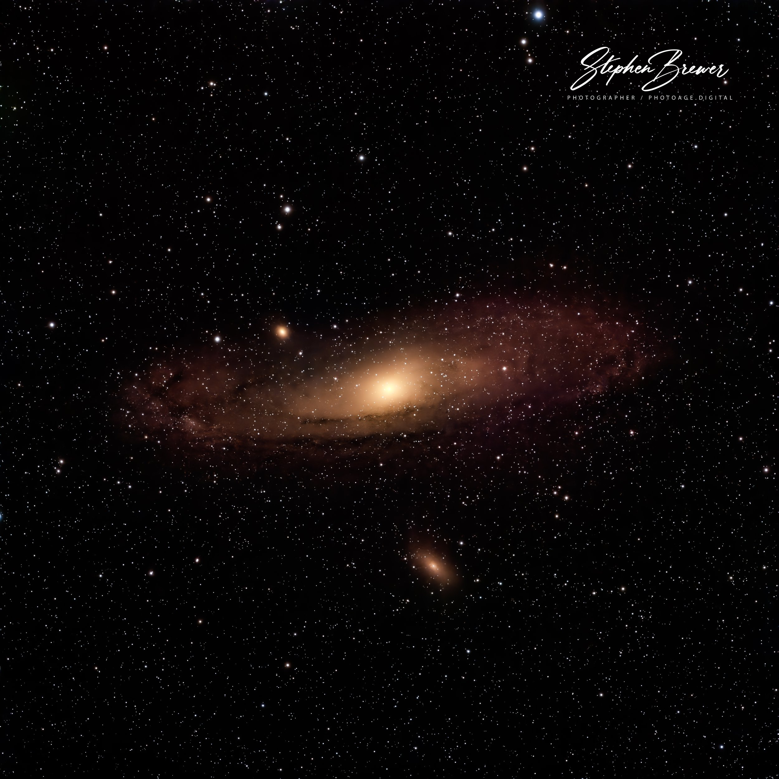 A view of outer space filled with numerous stars, a bright galaxy or nebula with reddish and brownish hues near the bottom, and a dark background.
