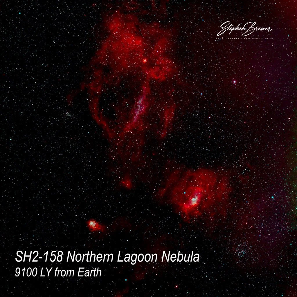 An image of a celestial nebula with red and black coloration and many stars in the background. Text on the image reads: "SH2-158 Northern Lagoon Nebula 9100 LY from Earth" and a signature that says "Stephen Brewer".