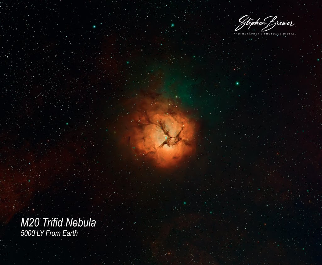 A detailed photograph of the M20 Trifid Nebula in space, showing a bright, colorful nebula with stars in the background, taken from Earth 5,000 light-years away.