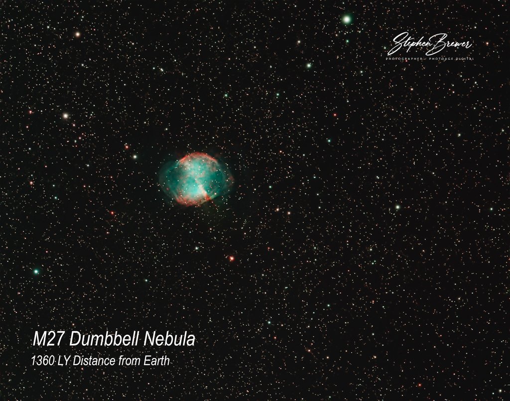 Deep space photo of the M27 Dumbbell Nebula, a planetary nebula located 1,360 light years from Earth, with numerous stars and nebulae in the background.