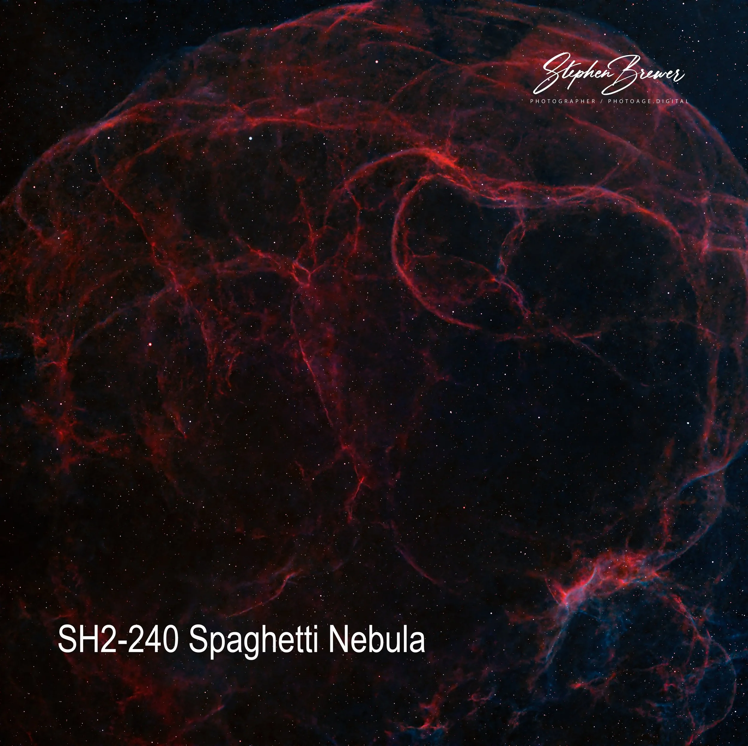 Image of a red and black nebula in space with stars, with text overlay referencing Stephen Brewer, a photographer, and the title 'SH2-24 0 Spaghetti Nebula'.