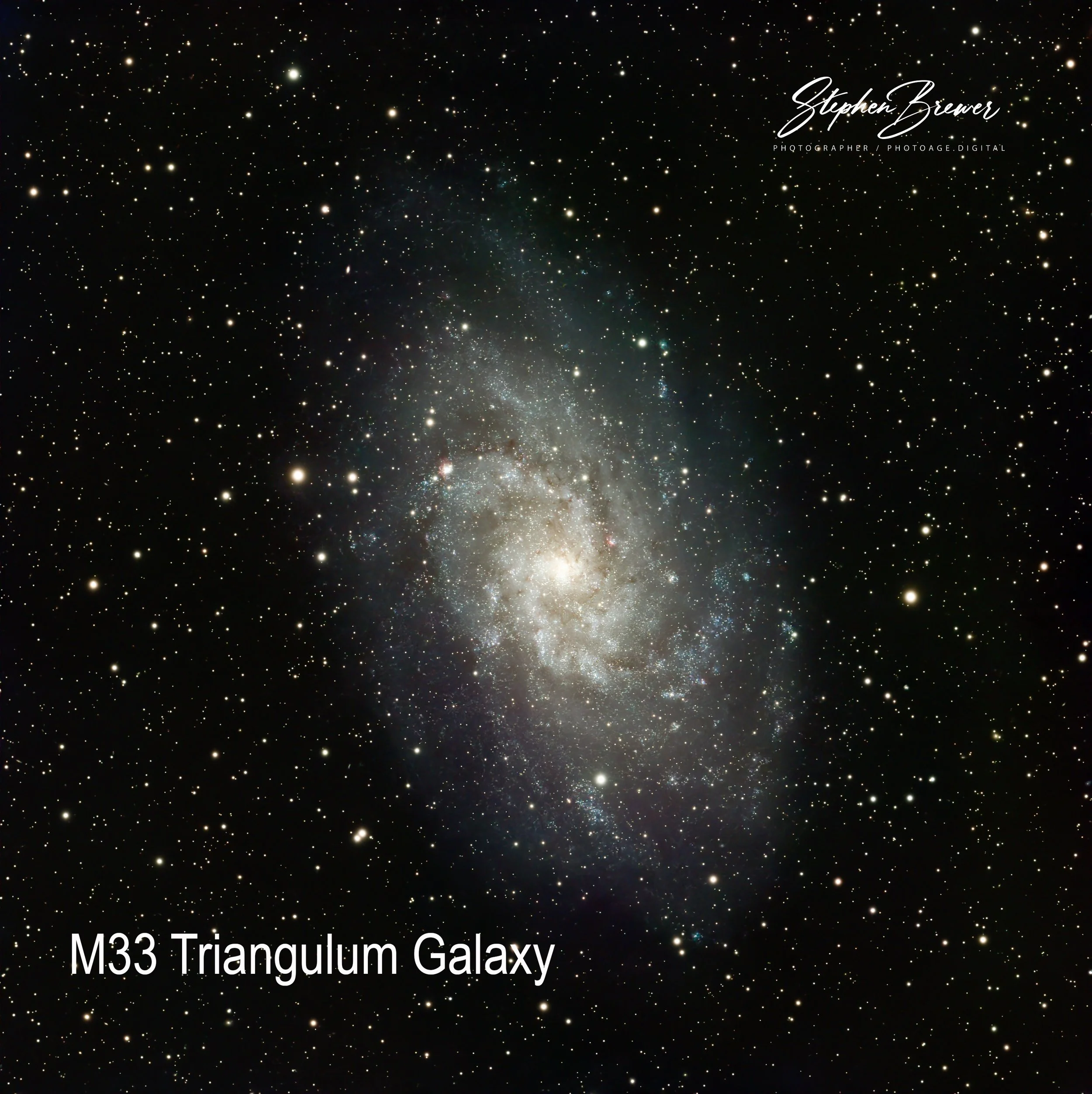 An image of a star-filled galaxy with white text overlay reading 'M33 Triangulum Galaxy' and signature 'Stephen Brewer' in the top right corner.