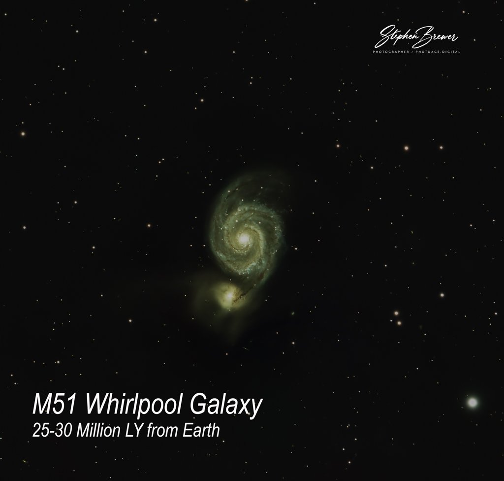 A deep space photograph of the Whirlpool Galaxy (M51) showing a spiral galaxy with bright center and swirling arms among many stars. Text overlay indicates it's the M51 Whirlpool Galaxy, 25-30 million light years from Earth. Photographer's signature 