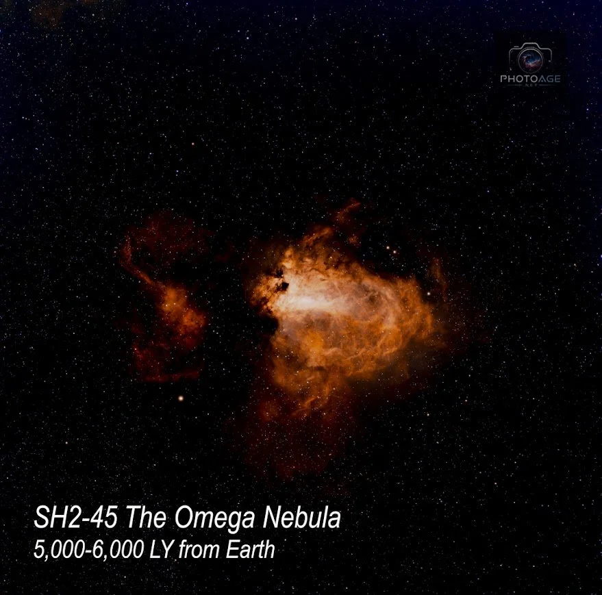 Image of the Omega Nebula, a star-forming region in space, with surrounding stars. Caption reads: SH2-45 The Omega Nebula, 5,000-6,000 light-years from Earth.