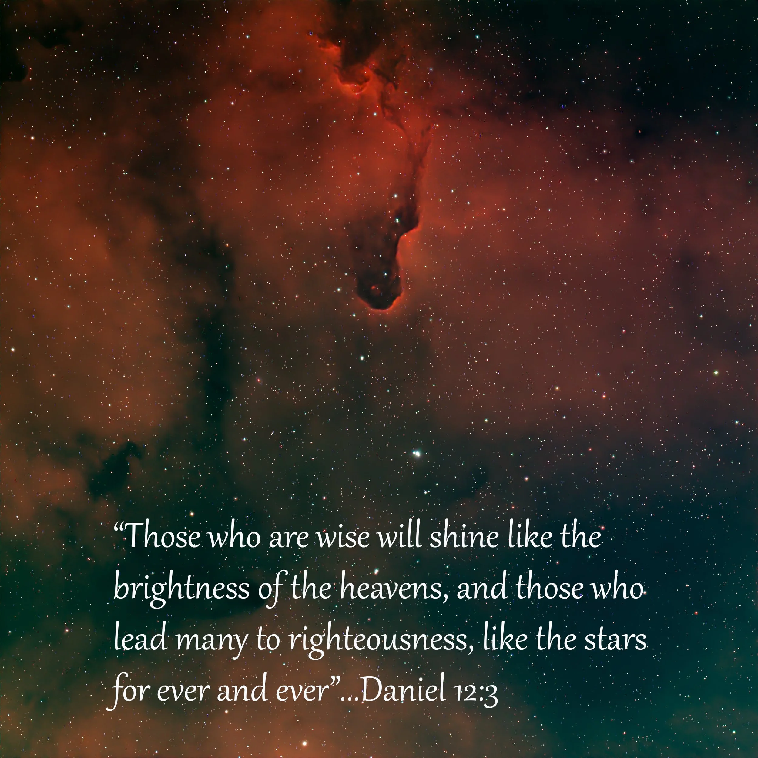 A view of the cosmos with stars and nebulae, featuring a quote from Daniel 12:3 about shining like the stars.