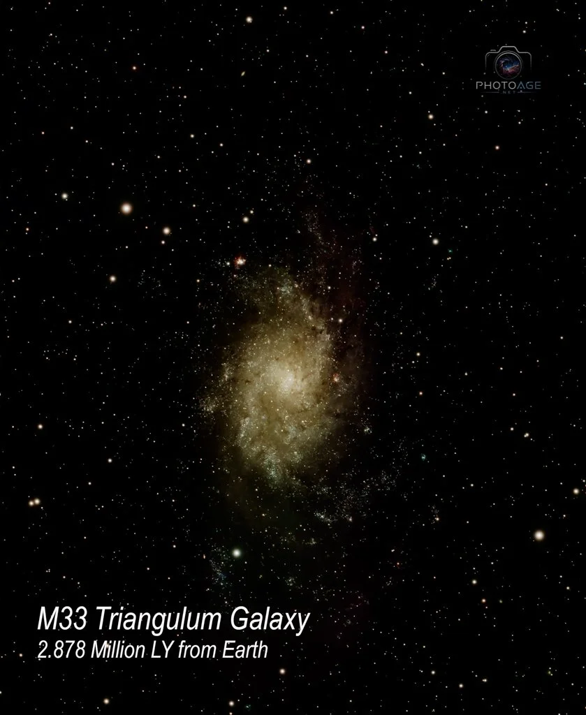 Image of the Triangulum Galaxy (M33) with stars and cosmic dust, labeled as 2.878 million light-years from Earth.