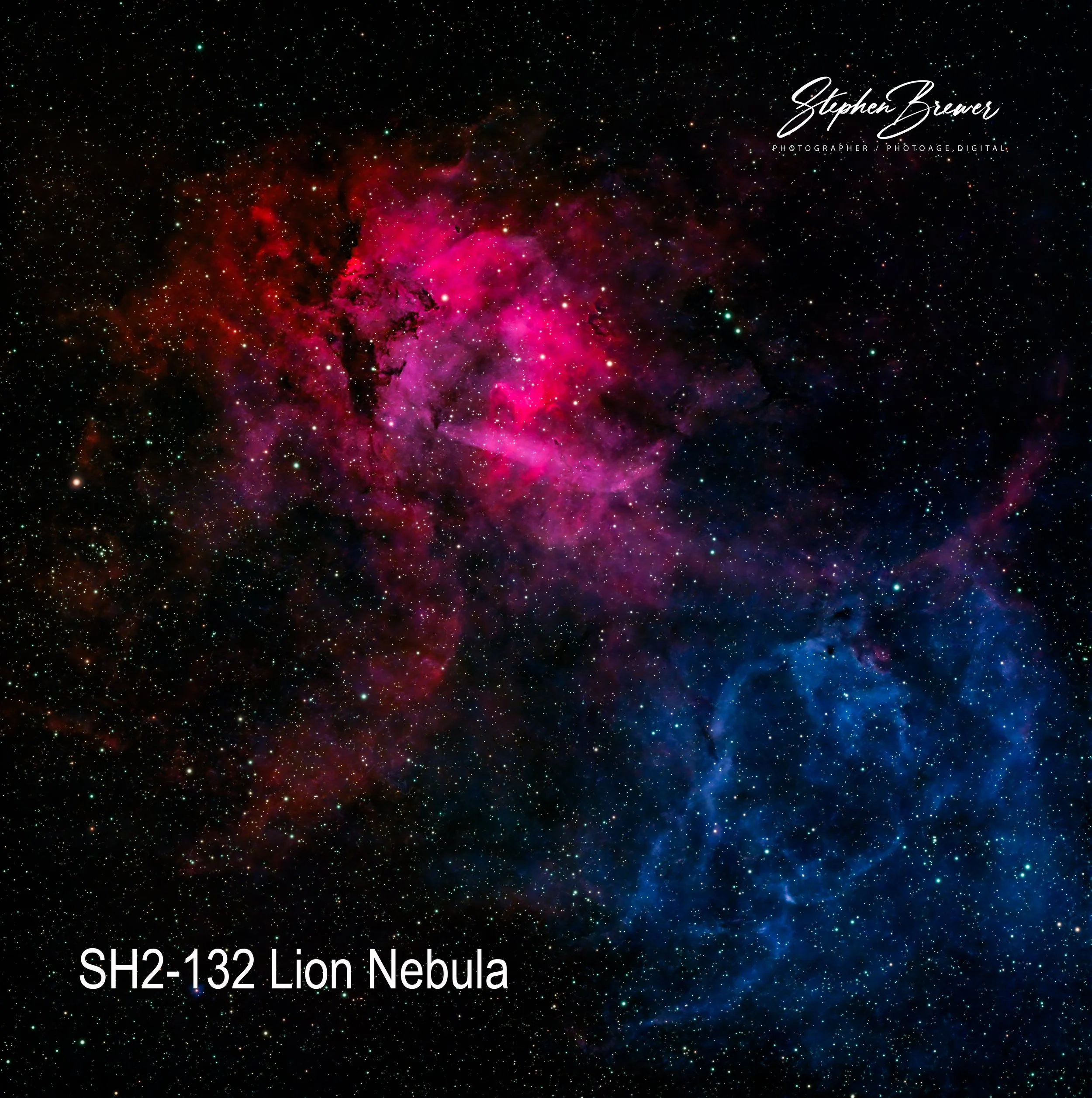 Image of the Lion Nebula with colorful cosmic clouds and stars, labeled with text 'SH2-132 Lion Nebula' and the photographer's signature.
