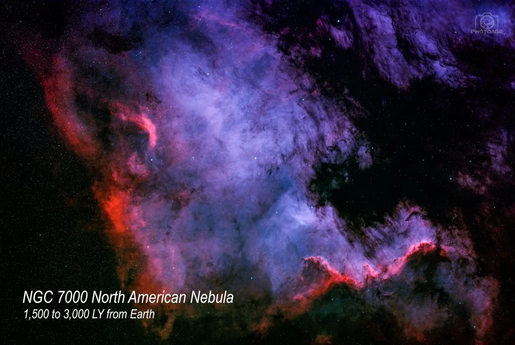 Colorful image of the North American Nebula (NGC 7000), a large emission nebula in space, with pink, purple, and black regions, and stars scattered throughout.