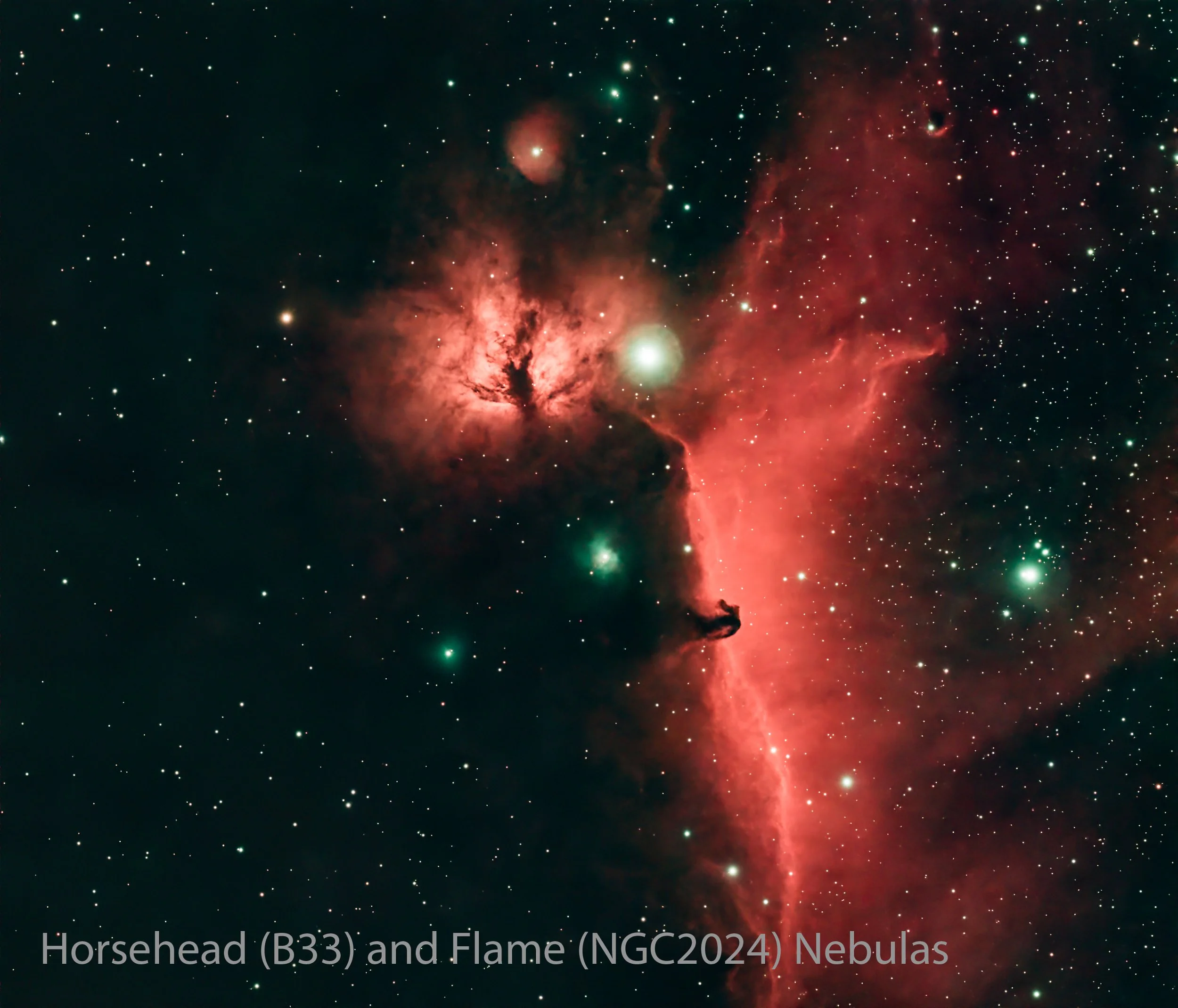 A colorful deep space image showing the Horsehead Nebula (B33) and Flame Nebula (NGC 2024) with numerous stars scattered across the background.