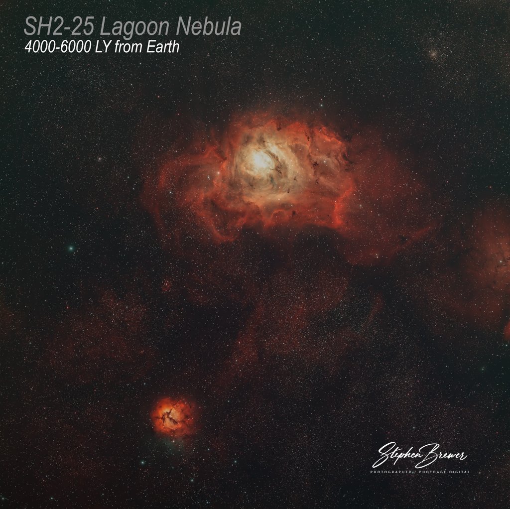 Image of the Lagoon Nebula (SH2-25) with stars and cosmic dust, labeled as 4000-6000 light years from Earth, with a photographer credit to Stephen Brewer.