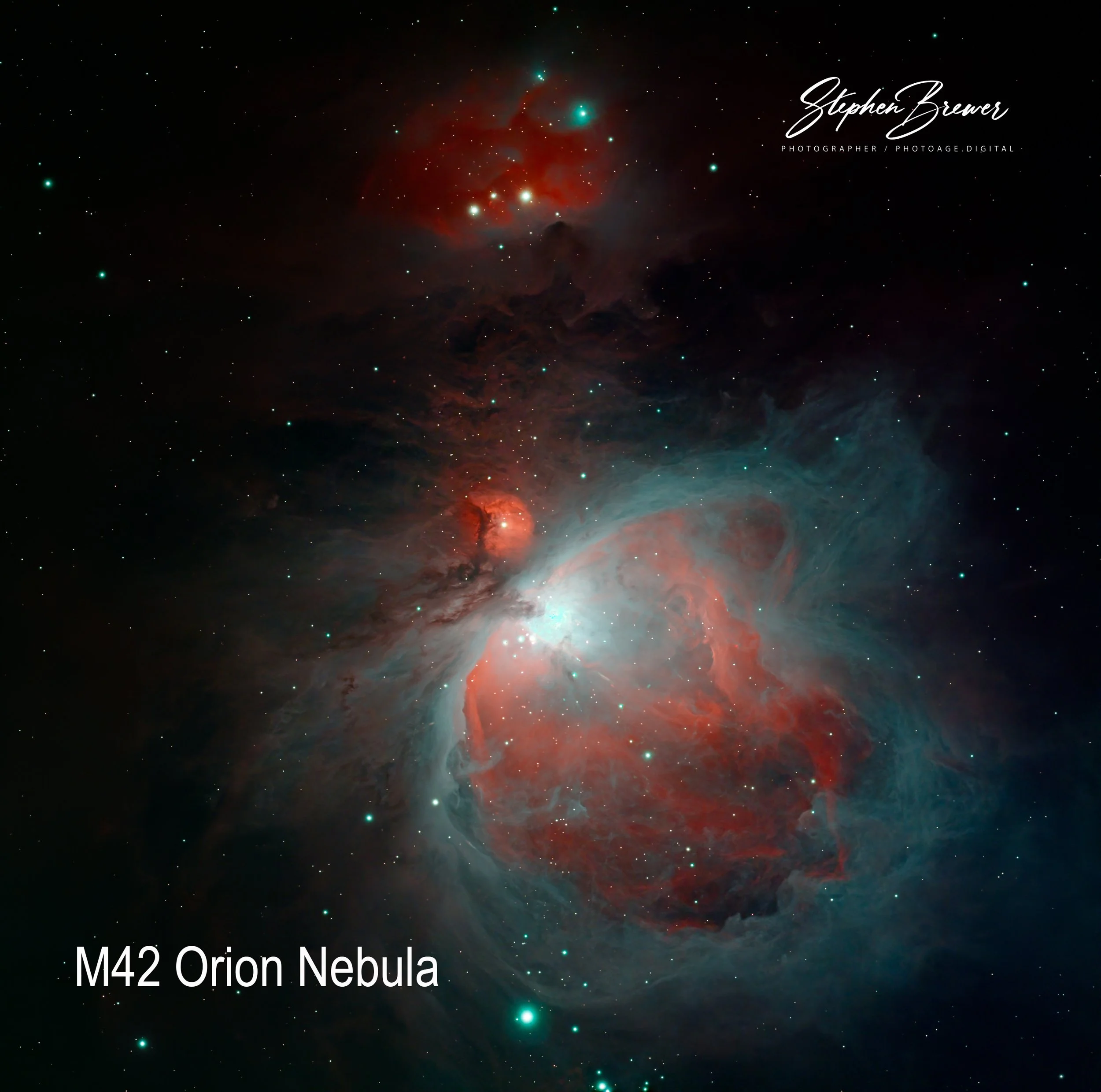 Deep space image of the M42 Orion Nebula with stars and gas clouds, titled 'M42 Orion Nebula'.