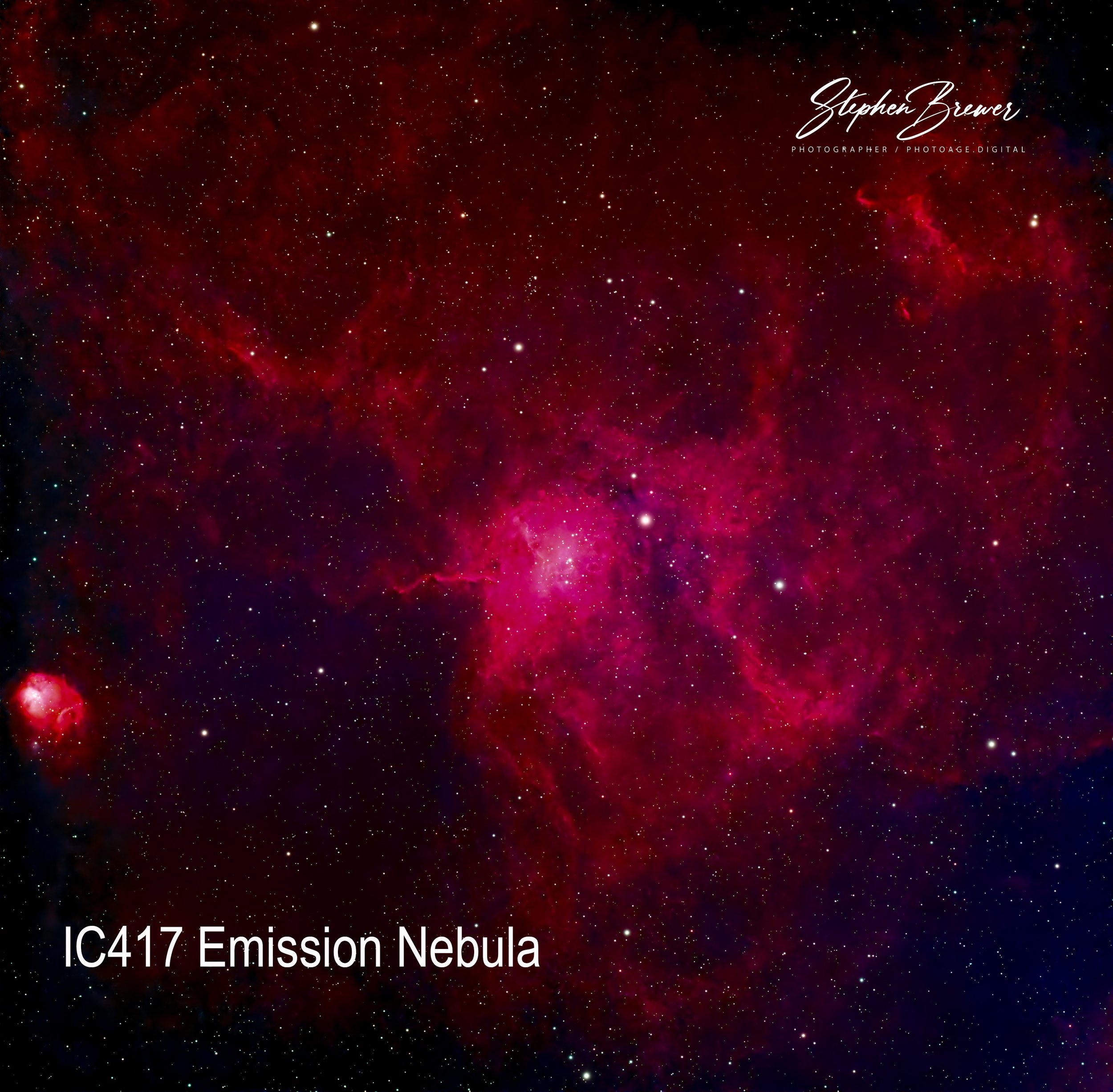 An image of IC 417 Emission Nebula with a star-filled space background showcasing various red and dark nebula areas.