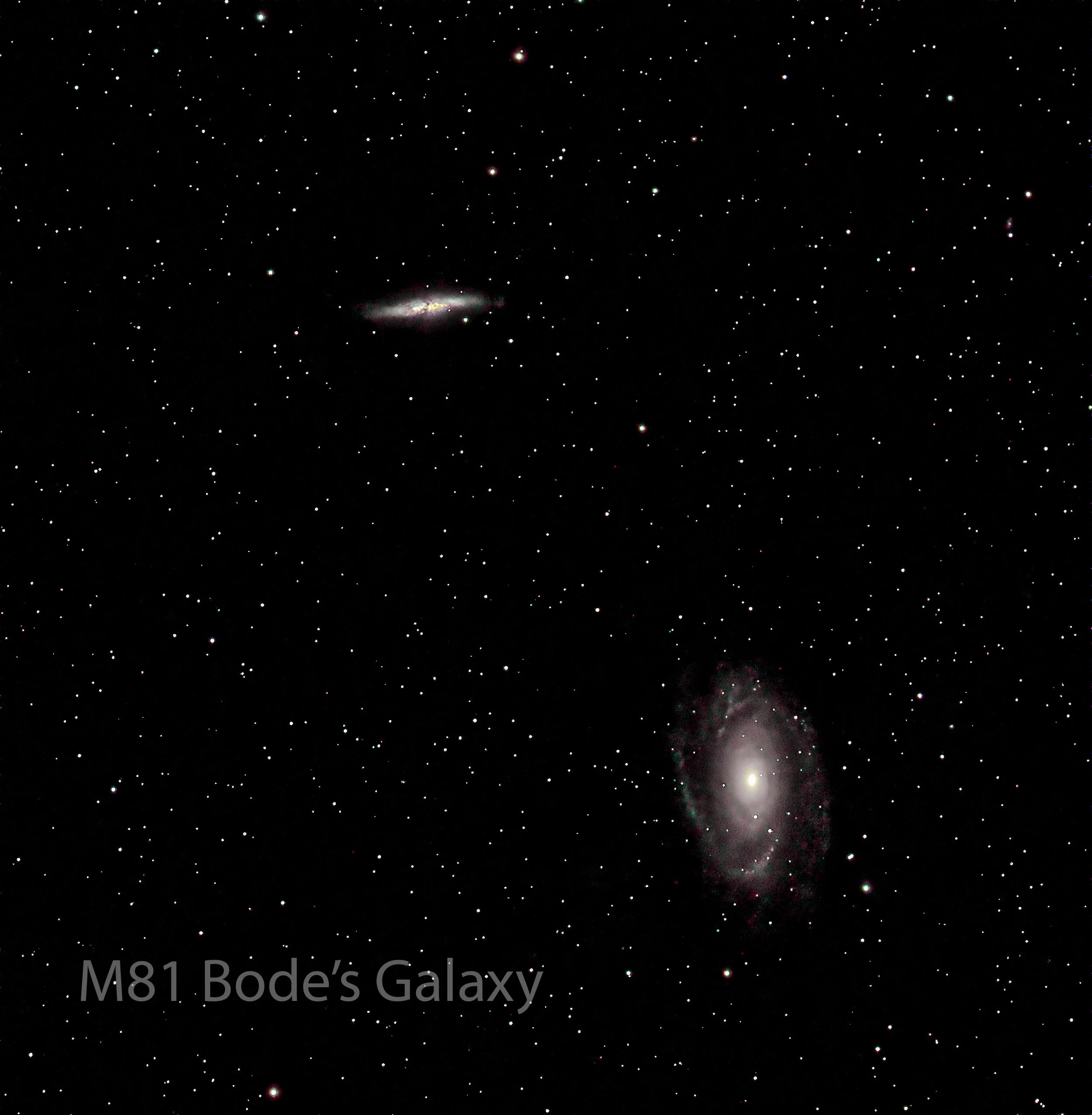 A section of the night sky filled with numerous stars, with a bright galaxy and nebulae at the bottom. The text on the image reads 'M81 Bode's Galaxy.'