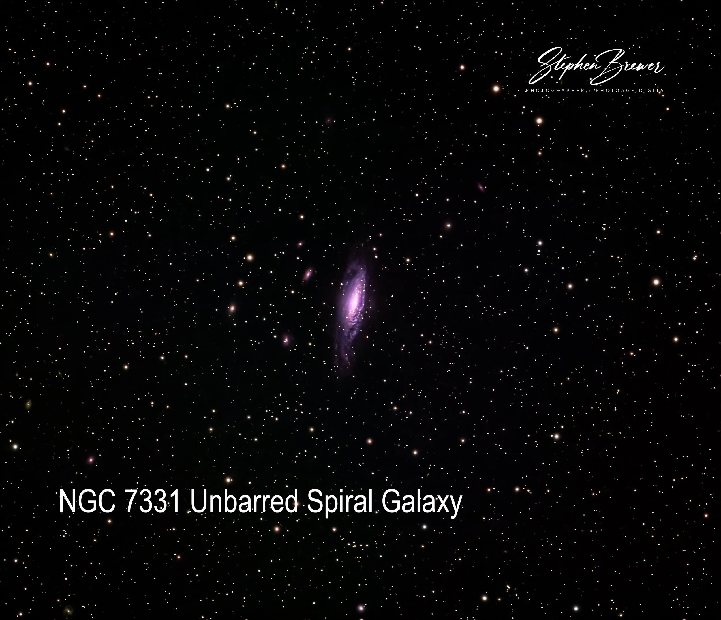 Image of space showing numerous stars and a bright galaxy with purple and pink hues at the bottom center. Text overlay includes 'Stephen Brewer' and 'NGC 7331 Unbarred Spiral Galaxy'.
