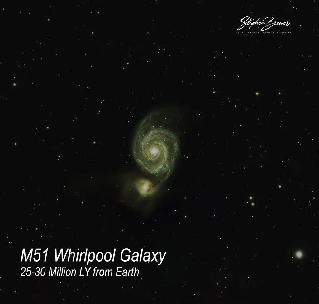 Deep space image of the Whirlpool Galaxy (M51) with stars in the background, showing a spiral galaxy and a smaller interacting galaxy.