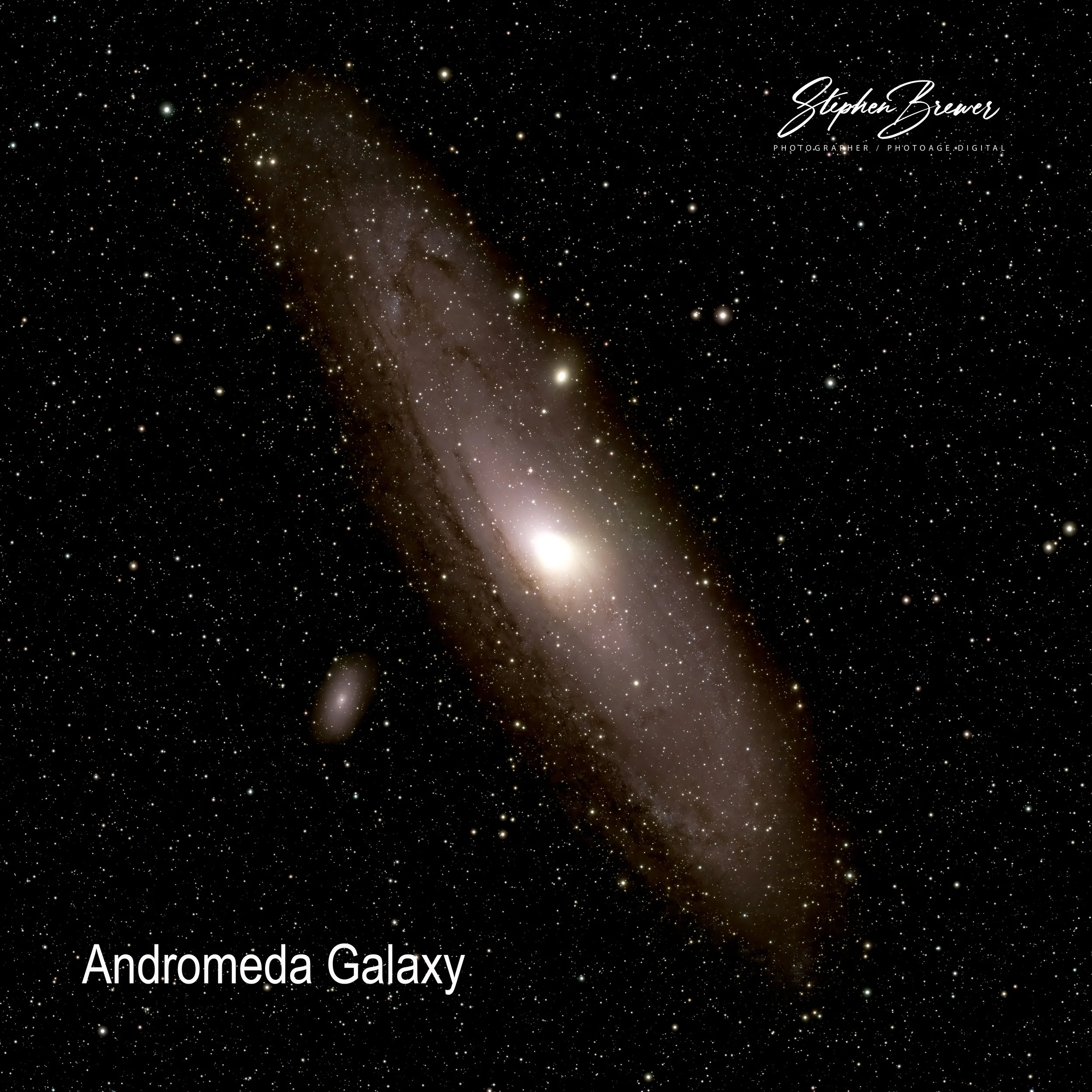 An image of outer space with numerous stars and a bright galaxy in the distance, titled 'Andromeda Galaxy' by Stephen Brewer.