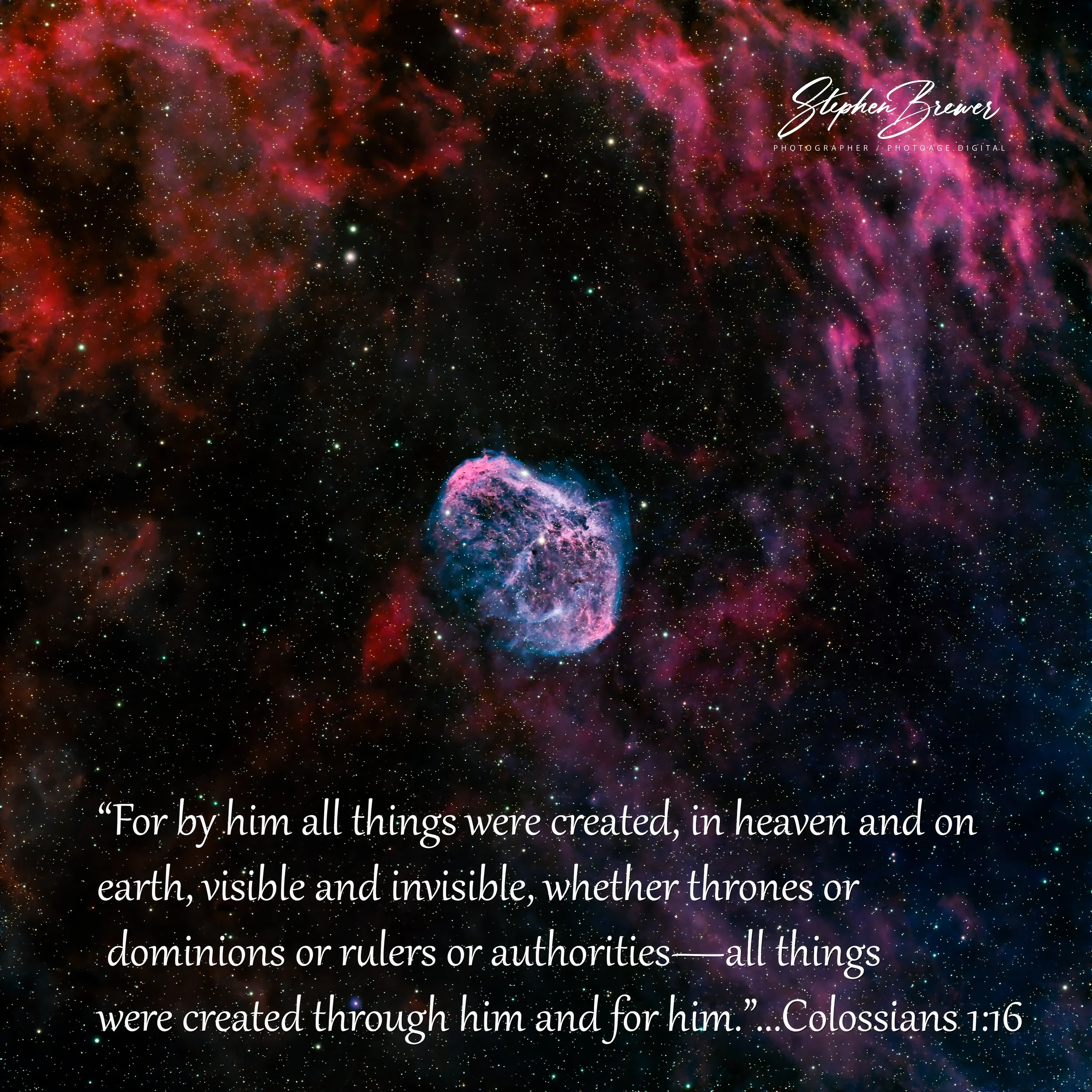 A colorful depiction of outer space with stars and nebulae, featuring a Bible verse from Colossians 1:16 overlayed in white text.